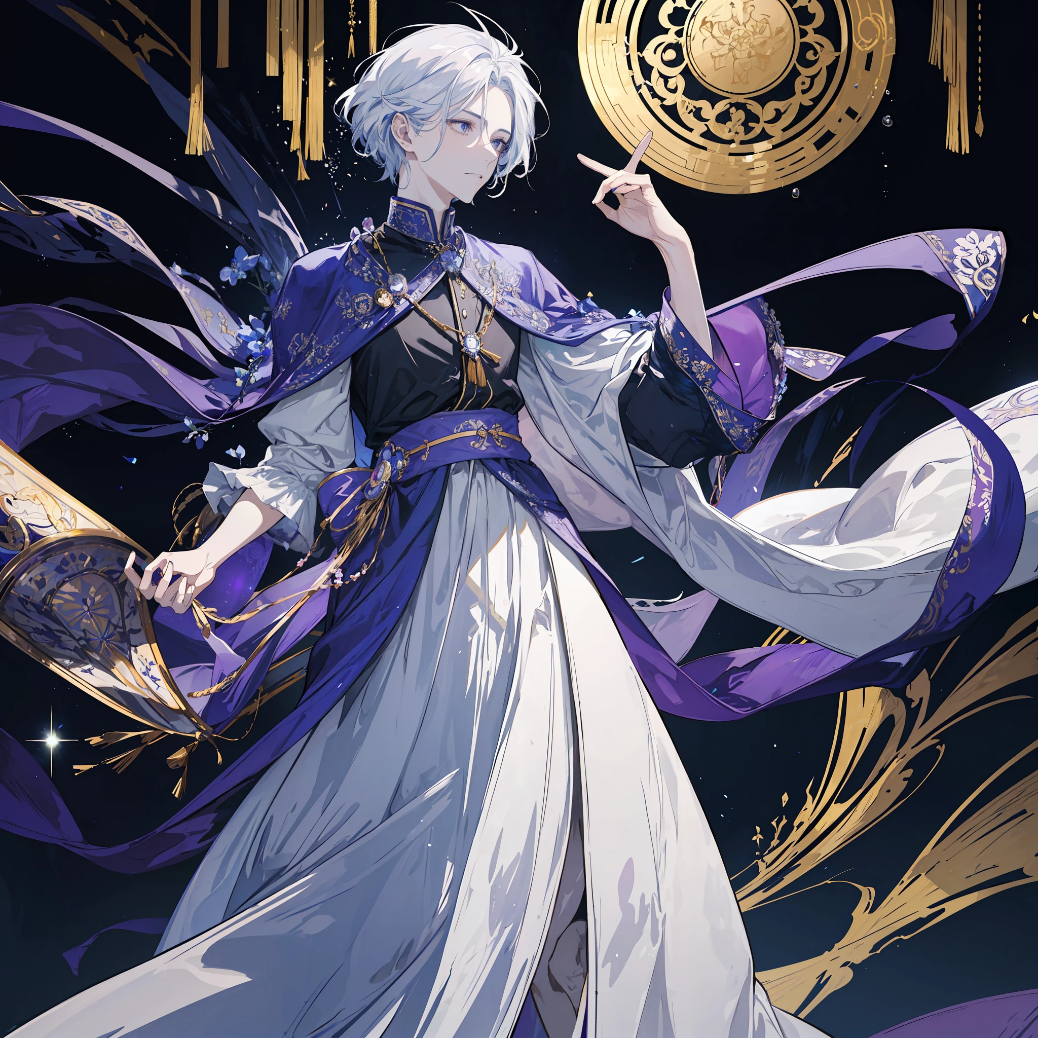 An emperor stands upon a magnificent throne, facing a crowd of loyal followers. His hair, short and sleek, is a striking shade of white that contrasts with his pale complexion. The modern style of his hair, with intersecting strands gracefully positioned atop his head, adds a futuristic touch to his appearance.
The emperor's eyes radiate a mesmerizing shade of purple, akin to shimmering amethysts in the darkness of night. They serve as mirrors of immeasurable wisdom and power. With each gaze, he has the ability to deceive or inspire anyone who stands before him.
His attire befits his regal status, crafted from luxurious fabrics in vibrant hues. His flowing robe cascades down to the floor, made of soft white silk and adorned with intricate golden threads. On his chest, a symbol of the empire is embroidered with sparkling gemstones. Along his arms, golden bracelets encircle, signifying his unassailable authority.
The emperor embodies opulence and grandeur. With his modern white hair and captivating purple eyes, he effortlessly blends ancient imperial traditions with surprising contemporary touches. Every movement he makes exudes grace and steadfastness, emanating an astonishing power that invites awe and admiration from all who behold him.