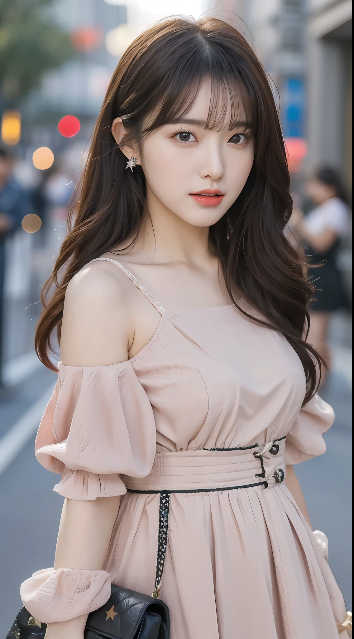 (1 cute Korean star), ((best quality, 8k, masterpiece: 1.3)), focus: 1.2, perfect body beauty: 1.4 , ((air bangs: 1.2)), (night, street:1.3), highly detailed face and skin texture, fine eyes, double eyelids, whitening skin, (long hair: 1.3), (round face: 1.5), (dress: 1.6)