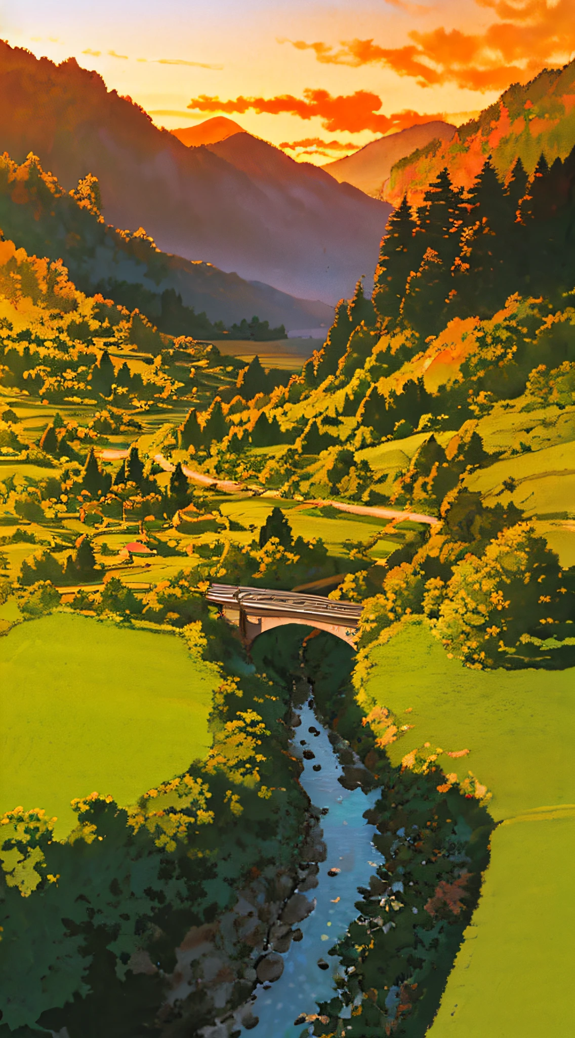 ((high quality))), highly_detailed, extremely_detailed_CG_unity_8k_wallpaper, illustration, high resolution, absurd, beautiful_detailed_build, finely_detailed_architecture, highly_detail_house_, ((best quality)), High saturation, clear, reasonable structure, cartoon style, architecture, bridge, construction, castle, chimney, clouds, cloudy_sky, day, fantasy, gate, grass, house, mountain, no_humans, outdoor, river, landscape, sky, sunset, tree, window, main color orange