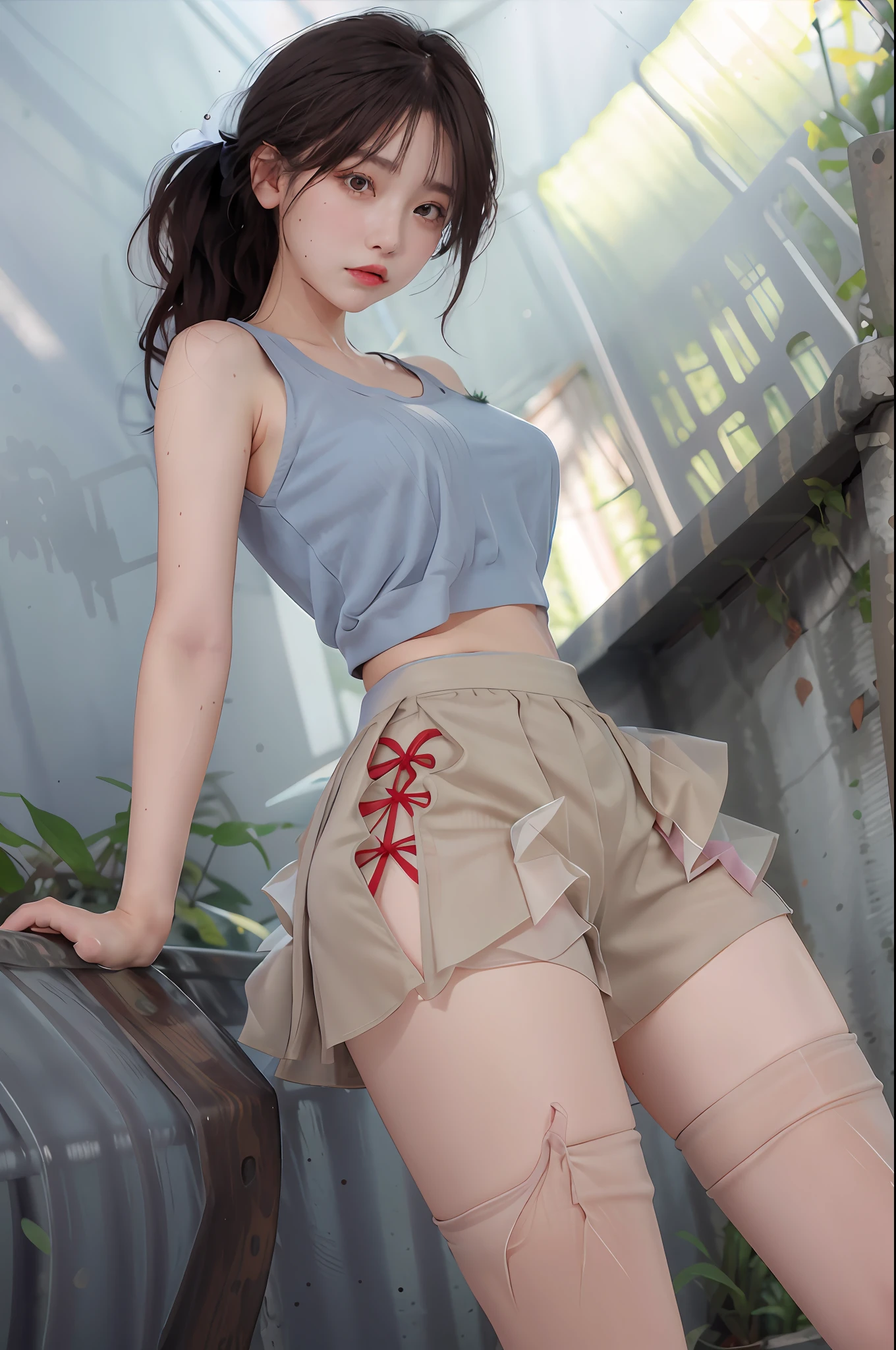 Masterpiece: 1.2, Best Quality), Realism, (Real Pictures, Rich Detail Detail, Depth of Field), (1 Girl, Solo), Makeup, Cleft Lip, High Detail, Perfect Face Shape, (: 1.4), (Skin Dents), Thick Thighs, Broad Buttocks, Thin Waist and High, Coral, Red Lips, Red Eyes, Ponytail (Girls, Tulle, Tulle Transparent), (Sweat: 1.2), (Wet), Sexy, Blush, (Shy Expression), Suspenders, Tank Tops, Short Skirts, Shorts, Yoga Pants, Tight Short Skirts, Tight shorts, stockings, fishnet socks, pajamas, pleated skirts, skirts, hip skirts,