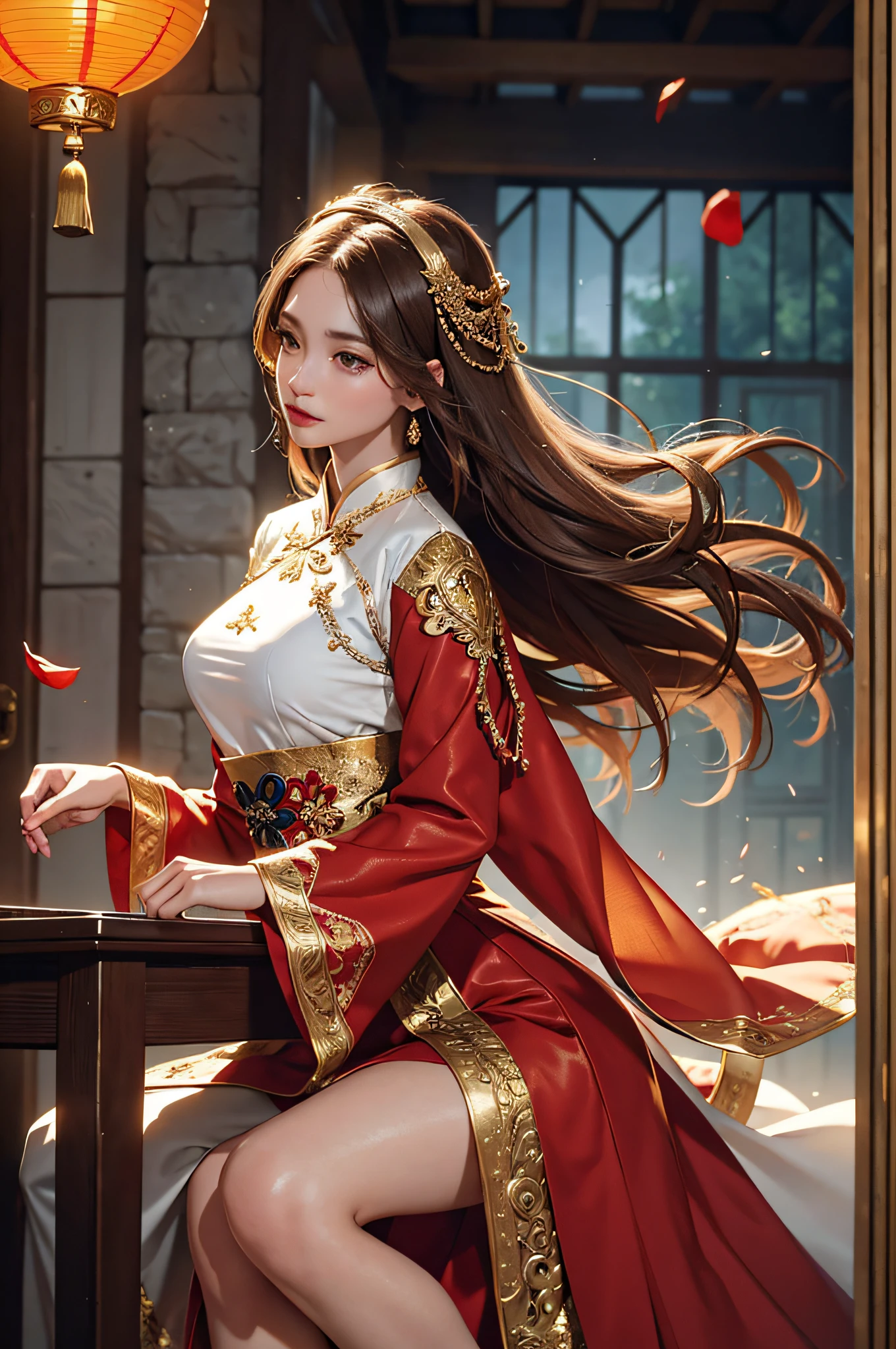 best quality, masterpiece, highres, (exquisite body:1.5),gorgeous face,(milky skin:1.3),intricate details,high resolution,wallpaper,
1girl, solo, dress, hair ornament, (((gold and red dress))), flowers, long hair, brown hair, closed mouth, jewelry, long sleeves, hand up, wide sleeves, big eyes,floating hair, chinese clothes, hanfu, embroidery, long skirt, natural pose, falling petals, indoor,fanning, lantern,
16K,HDR,highres,depth field,(film grain:1.1),boken,golden hour,(lens flare),vignette,rainbowing,(color grading:1.5)
