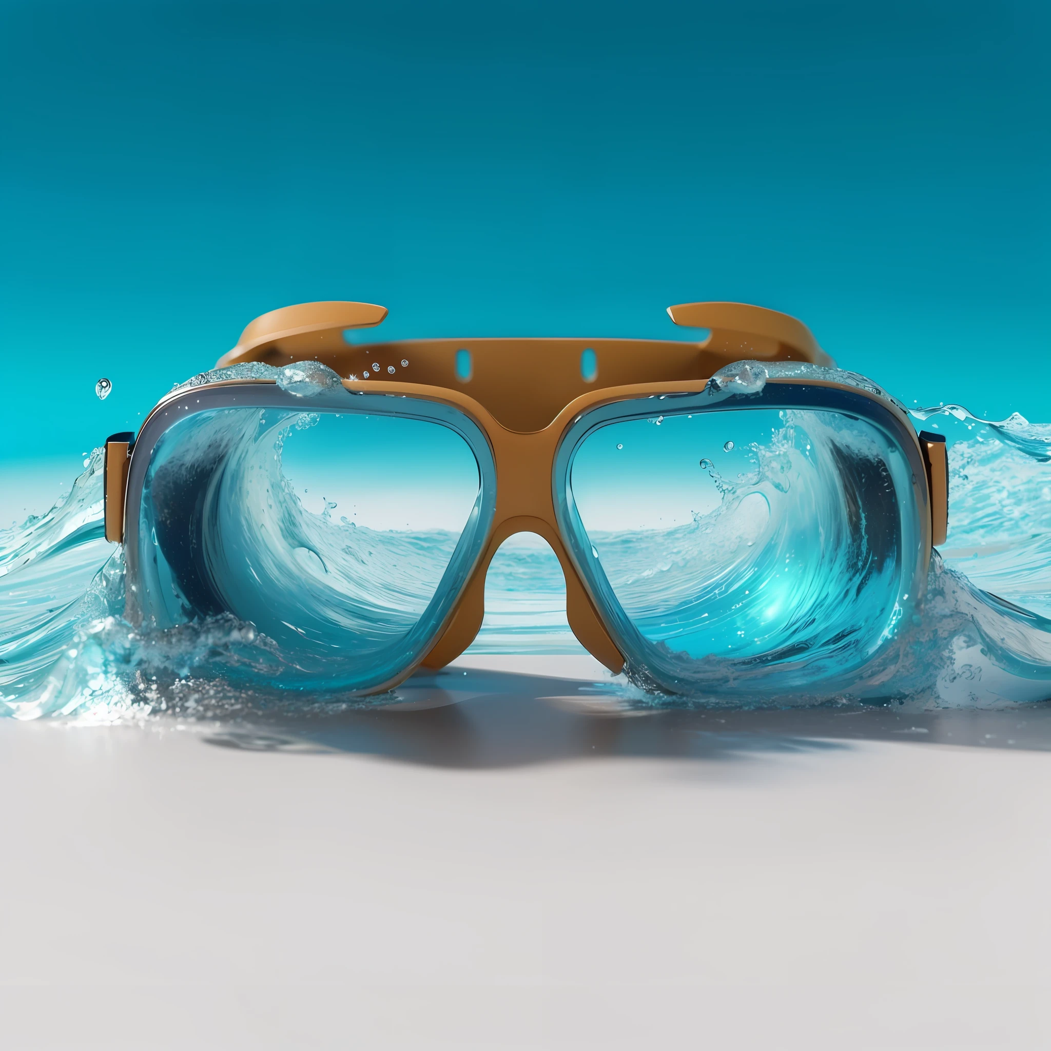 a close up of a pair of goggles with water splashing on them, goggles, cool glasses, 3 d goggles, wearing goggles, ocean, 3 d fluid simulation render, rendered in cinema4d, rendered in cinema 4 d, photoreal render, otcean render, realistic cinema 4 d render, water art manipulation, underwater perspective, 3 d illustration, 3d illustration --auto --s2