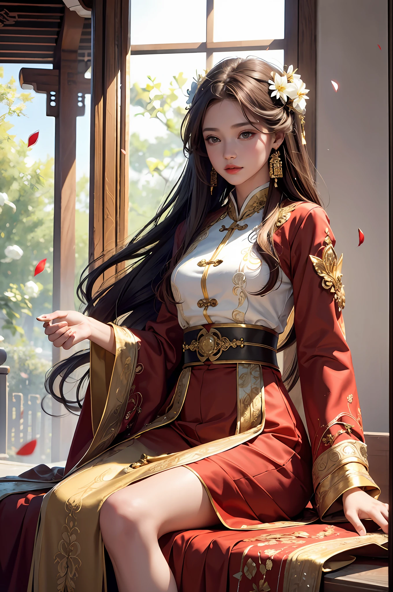 best quality, masterpiece, highres, (exquisite body:1.5),gorgeous face,(milky skin:1.3),intricate details,high resolution,wallpaper,
1girl, solo, dress, hair ornament, (((gold and red dress))), flowers, long hair, brown hair, closed mouth, jewelry, long sleeves, hand up, wide sleeves, big eyes,floating hair, chinese clothes, hanfu, embroidery, long skirt, natural pose, falling petals, indoor,fanning, lantern,
16K,HDR,highres,depth field,(film grain:1.1),boken,golden hour,(lens flare),vignette,rainbowing,(color grading:1.5)