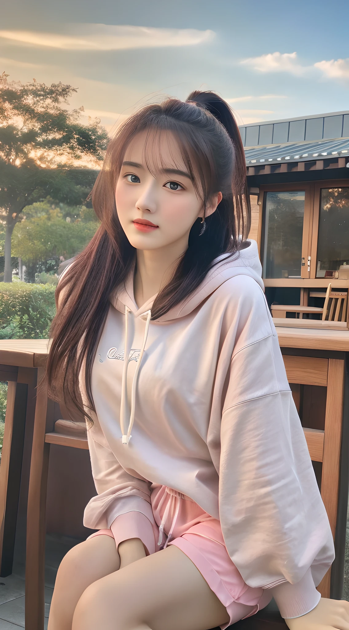 (8k, RAW photo, best quality, masterpiece), (realistic, photo-realistic:1.2), ultra detailed, 1 girl, cute, solo, beautiful detailed sky, detailed cafe, night, sitting, dating, dose blush, closed mouth, Beautiful and delicate eyes, wearing hoodies, dolphin shorts, medium build, flowing hair, long blue hair, GIRL, FEMININE, pink eyes, ultra-fine details, complex scenes, ambient light, soft light, elegant, symmetrical facial features, accurate anatomy, anatomically correct girl, landscape, gossamer, ethereal, full body, ponytail, gentle, gentle, sensible, big breasts,
