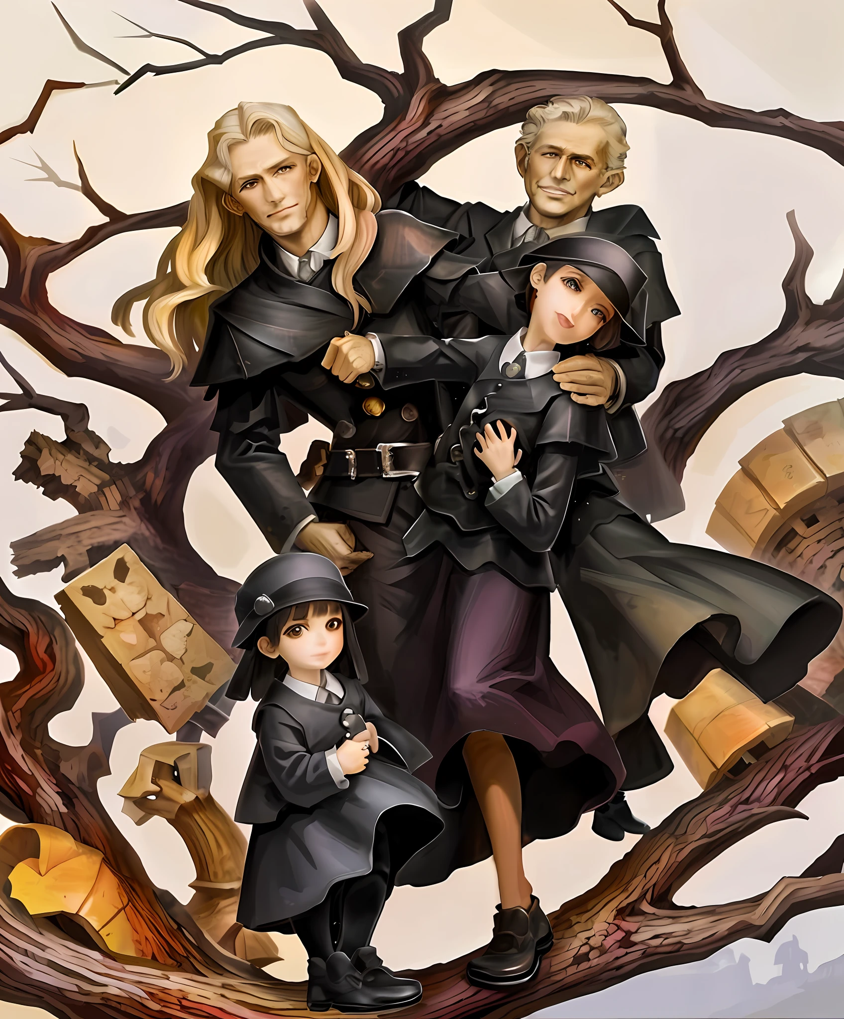 there are three people and a standing next to a tree, vertical portrait, family photography, high quality portrait, wide portrait, photo 3d, photo 3 d, professionally retouched, portrait n - 9, family portrait, foto realista, pleasant, family photo, of a family standing in a park, realistic portrait photo, tree's, photo realistic