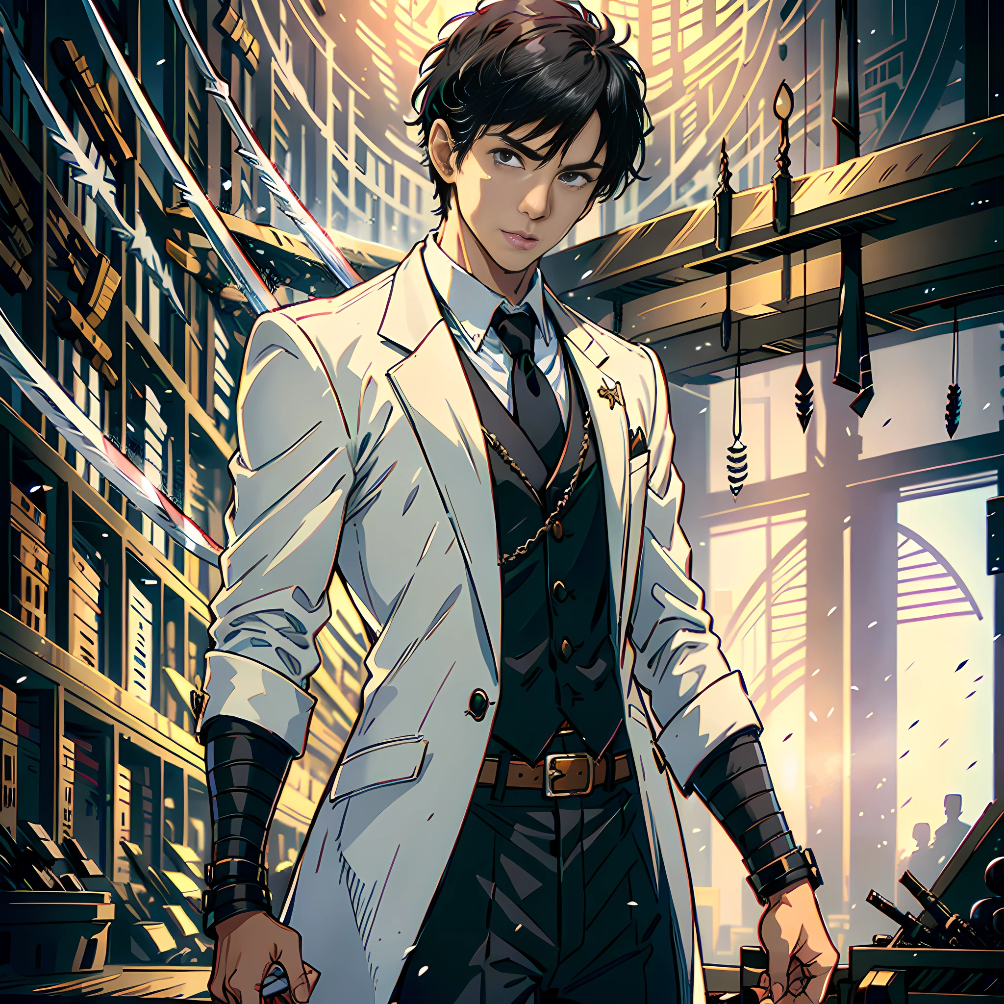 In the weapons room, there are a lot of knives, swords, bows, crossbows, neatly arranged, super detailed, next to a handsome boy, white suit, black eyes, facial hyper-detail, short black hair, facial ultra-detail, highly real, 4K, chiaroscuro, super high detail