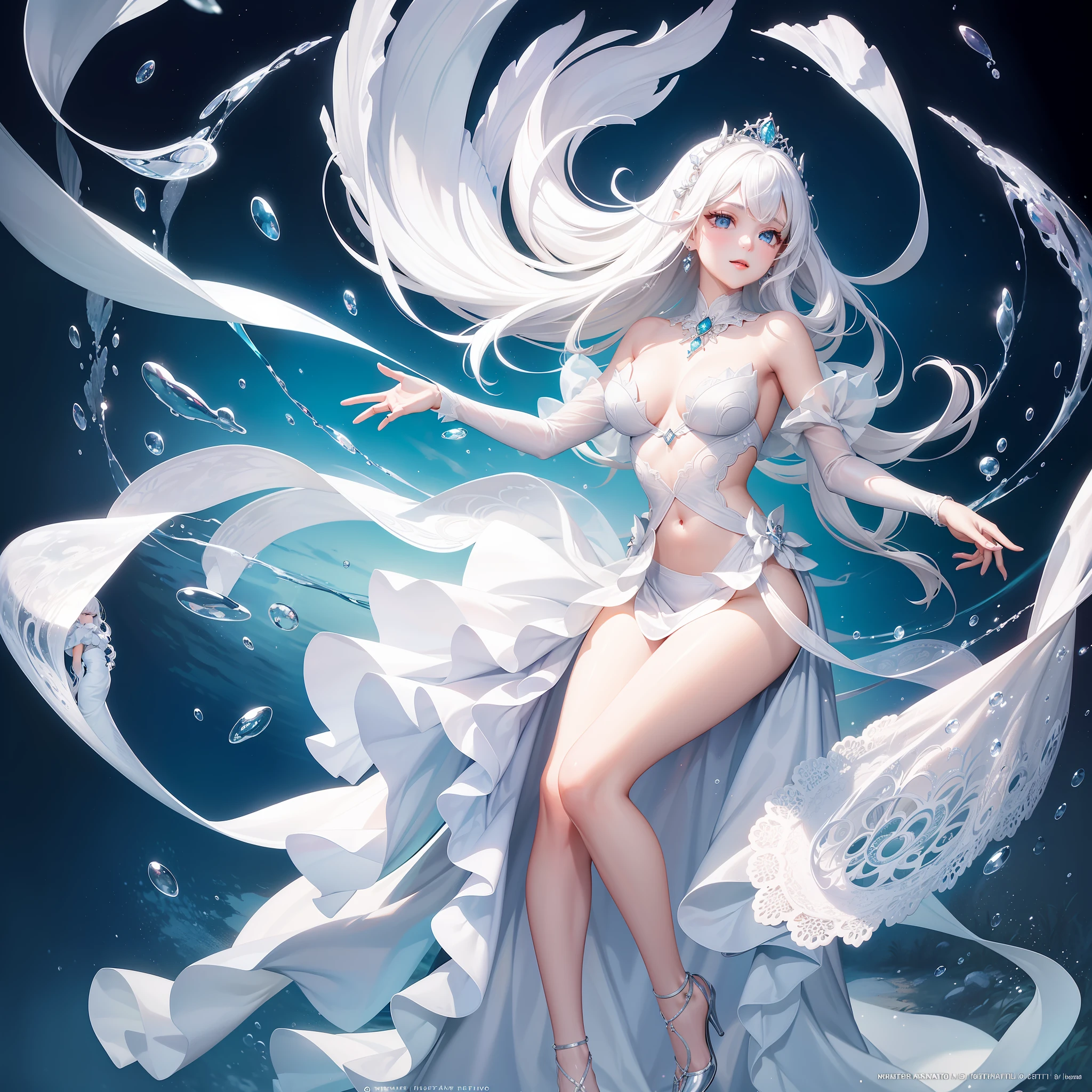 (Masterpiece, Top Quality, Best Quality, Official Art, Beauty and Aesthetics: 1.2), (Full Body, Medium) Mermaid, 1girl, Dreamy, Ethereal, Romantic, White Hair, Silver Hair, Underwater, Air Bubbles, Flipping Cloth, Eye Highlights, Beautiful Eyes, Long Lashes, Beautiful Dance, Beautiful Woman, Beautiful Girl, Sparkling Beautiful Scales, Slight smile, Vivid and Beautiful Lighting --v 6