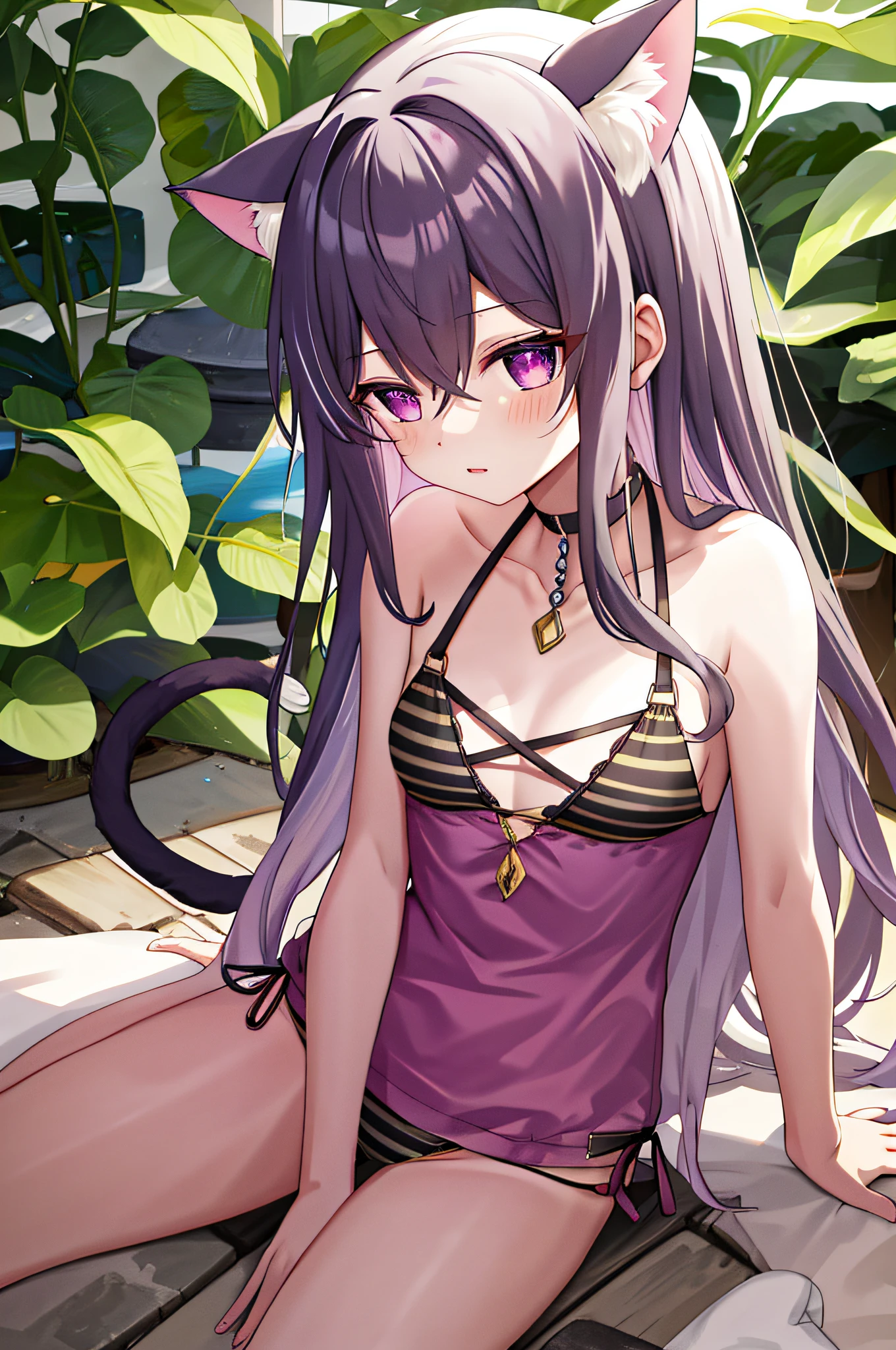 Masterpiece, Top Quality, High Definition, Cat Eared Girl, Long Hair, Purple Eyes, Hair Between Eyes, Bangs, Clavicle, Halter Neck, Breasts, Very Long Hair, Bikini, Small