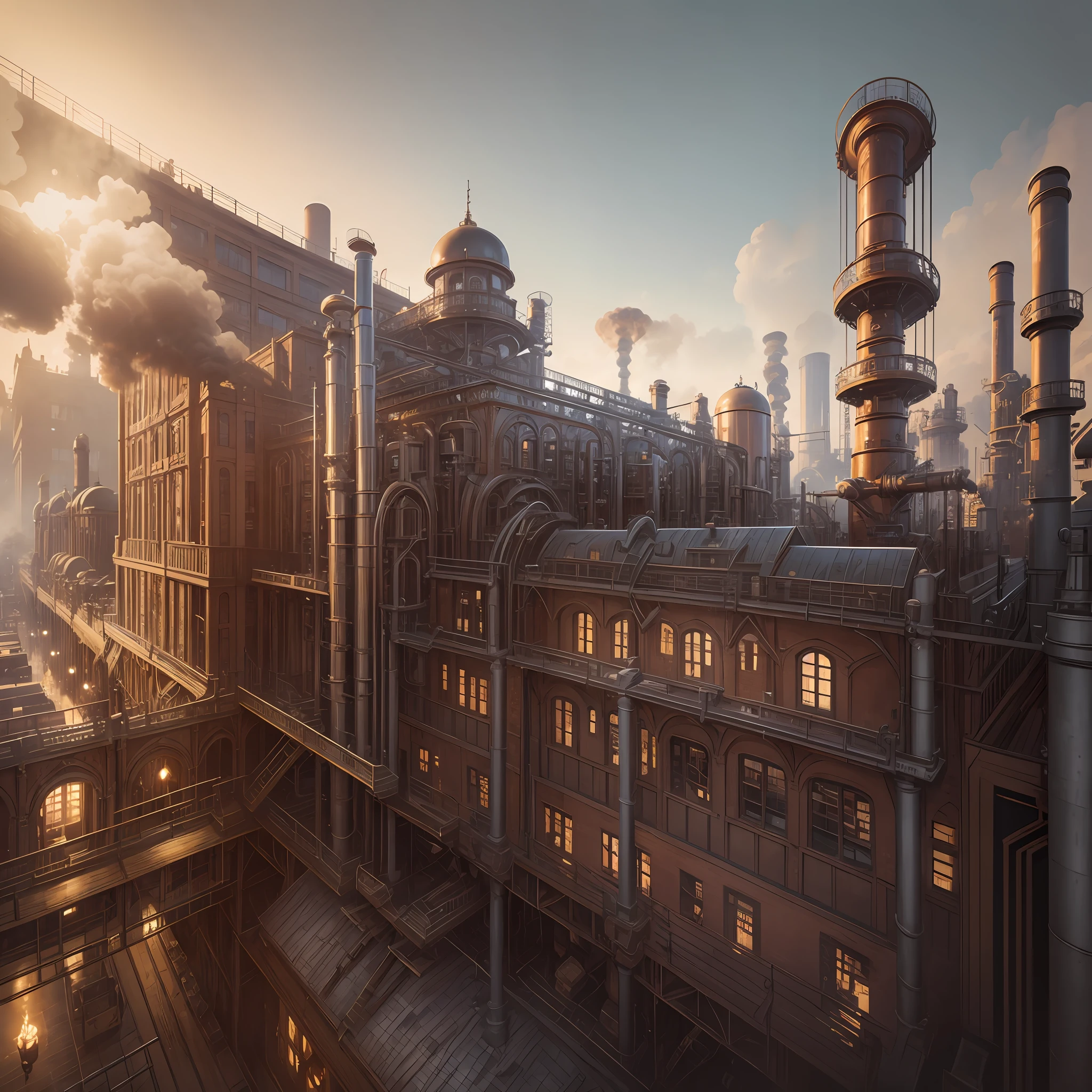 8K, steampunk era, steamy factory, exquisite medieval architecture with pipes on the building, magnificent metropolis, HD wide-angle lens