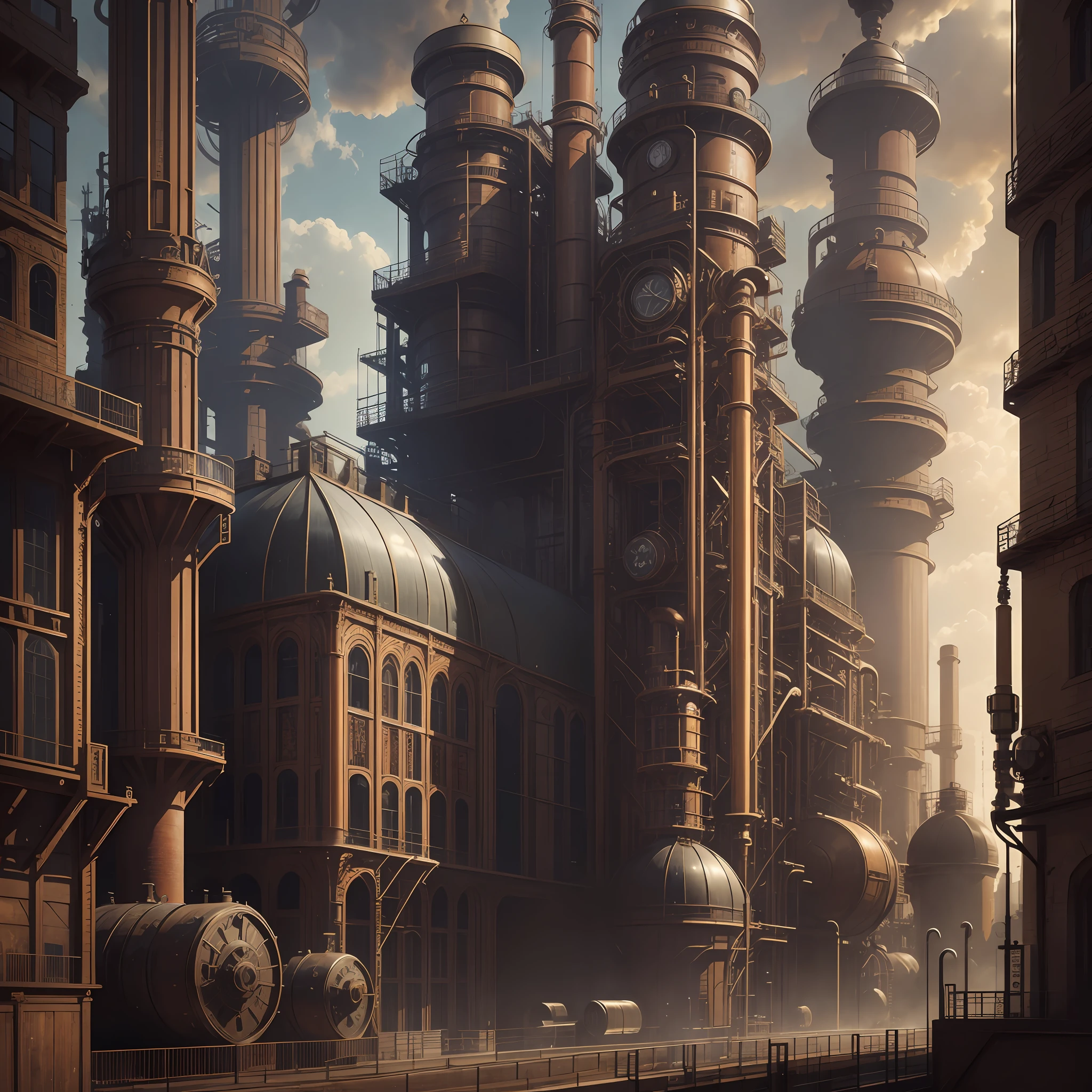 8K, steampunk era, steamy factory, exquisite medieval architecture with pipes on the building, magnificent metropolis, HD wide-angle lens