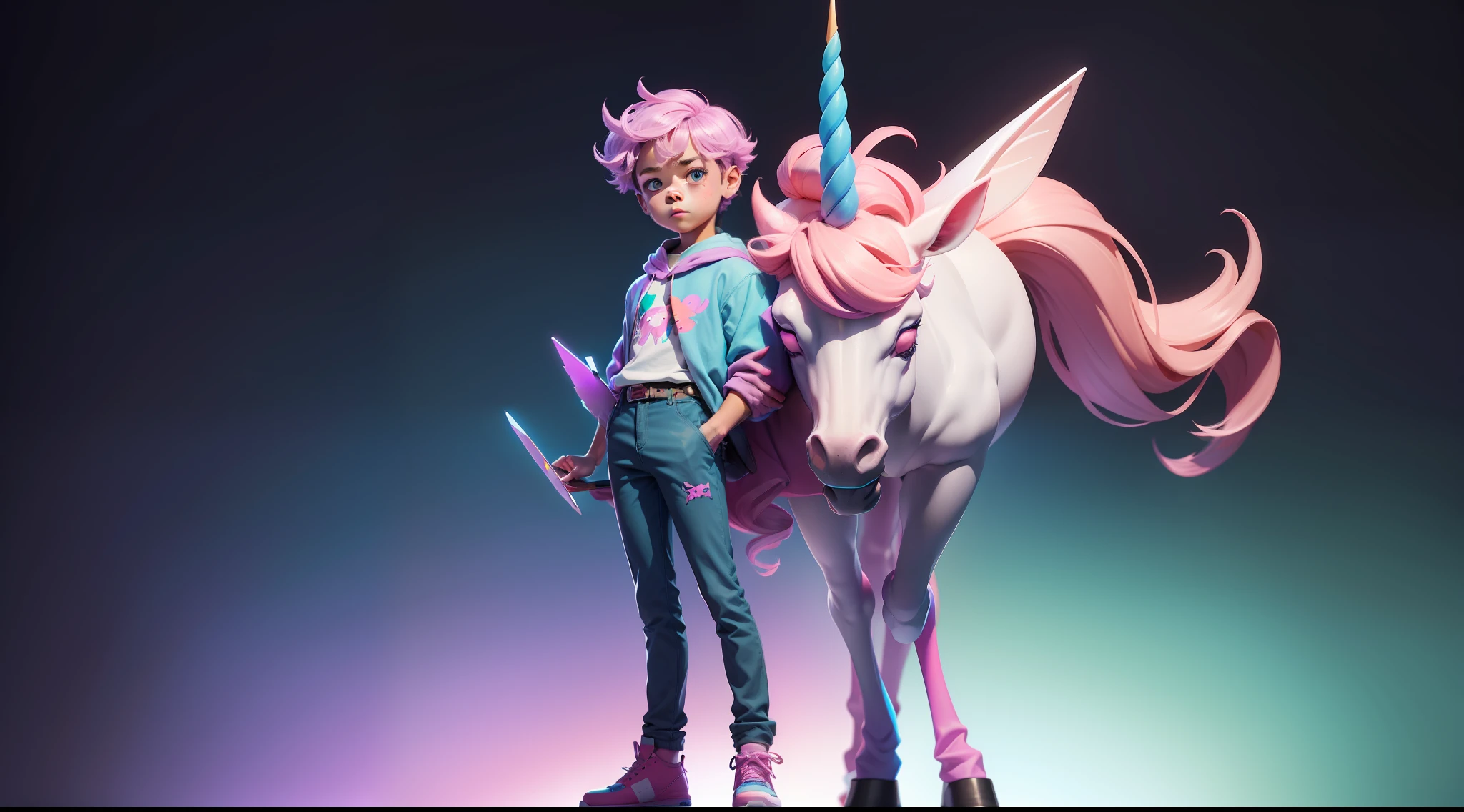 a boy with unicorn head, colorful, full body, masterpiece, 3dmm style, holding a macbook