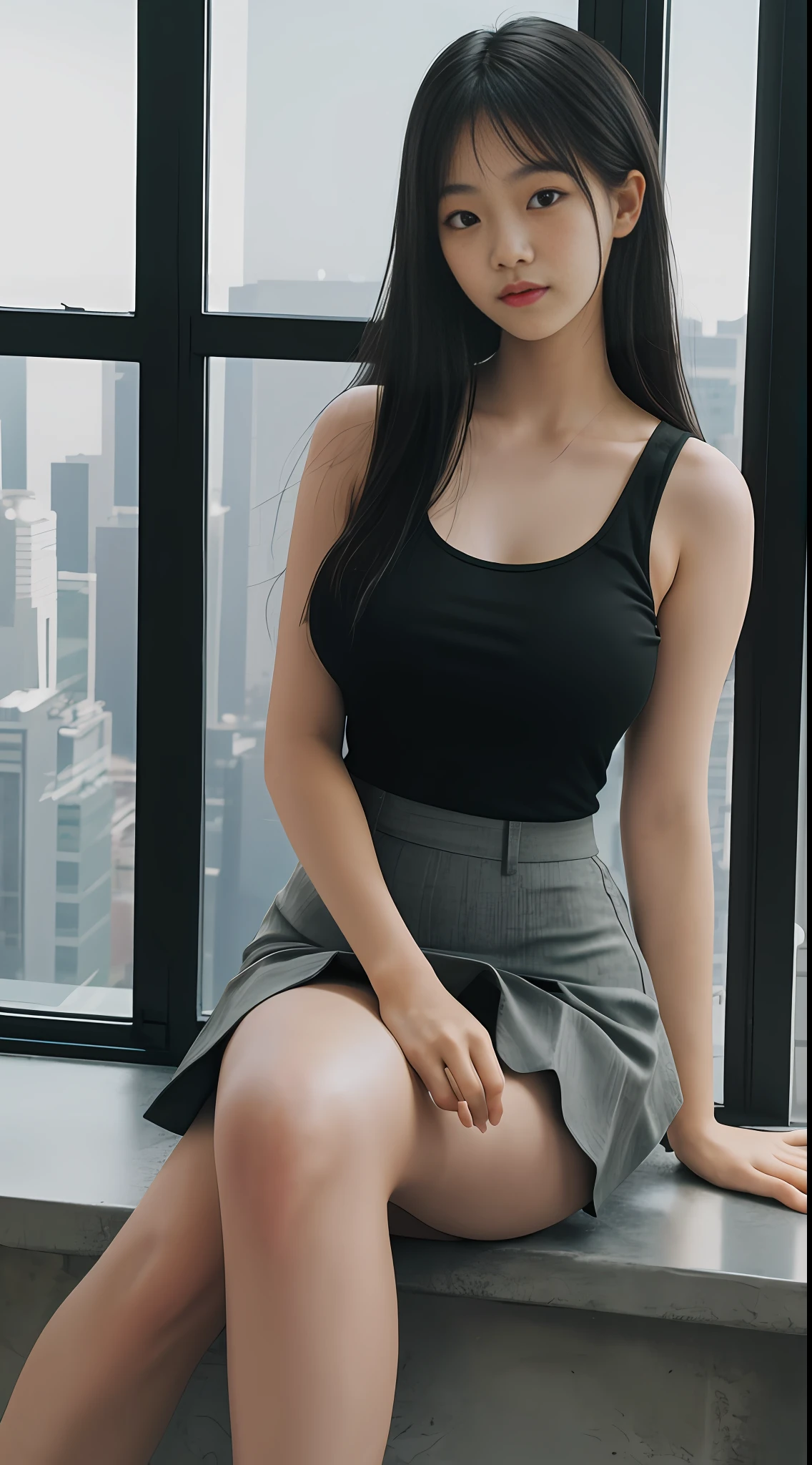 ((highres, best quality, 16k, masterpiece)), (an 18 year old Asian girl), leaning to a railing, shot in a skyscraper, below the skyscraper is a forest, f/2.0, 85mm, shot from above, (((sexy))), (fine lips and eyes), (detailed face and skin), ((big boobs)), ((thick thighs)), wearing black tank top and short skirt