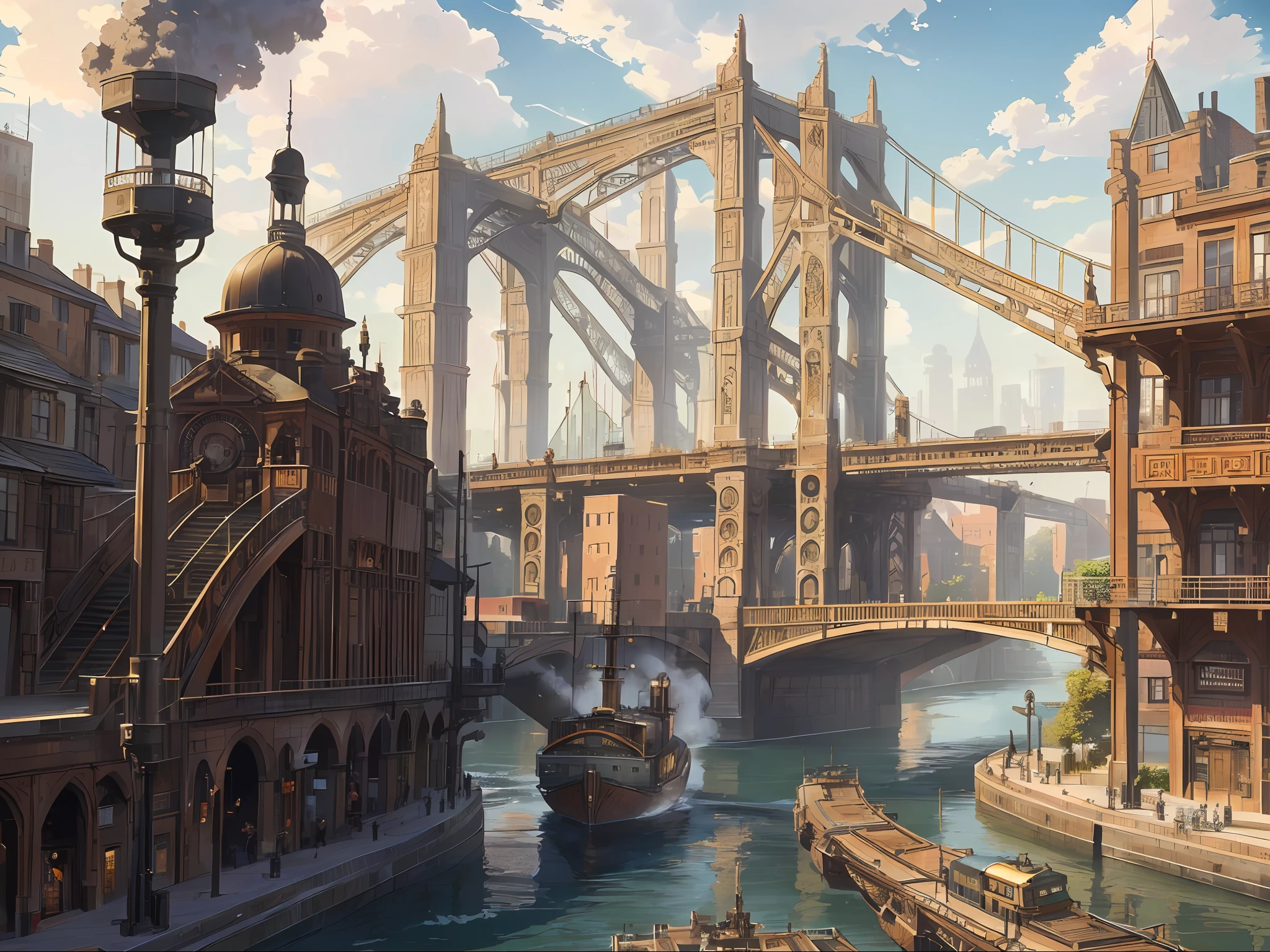 BREAK an image of a bustling steampunk city with a bridge and a train in the background. The city is alive with activity, with steam-powered vehicles and machinery moving through the streets. The buildings are made from a mix of brick, metal, and wood, with gears and pipes jutting out from the sides. BREAK
(The city is divided by a river, with a large, ornate bridge connecting the two sides. The bridge is made from metal and has intricate designs and patterns etched into it. Steam-powered boats and airships can be seen sailing and flying underneath the bridge. )BREAK
A train running on the trail across the city BREAK
The sky is filled with smoke and smog, adding to the industrial feel of the city. The scene is one of bustling energy and innovation, with the steampunk technology taking center stage.