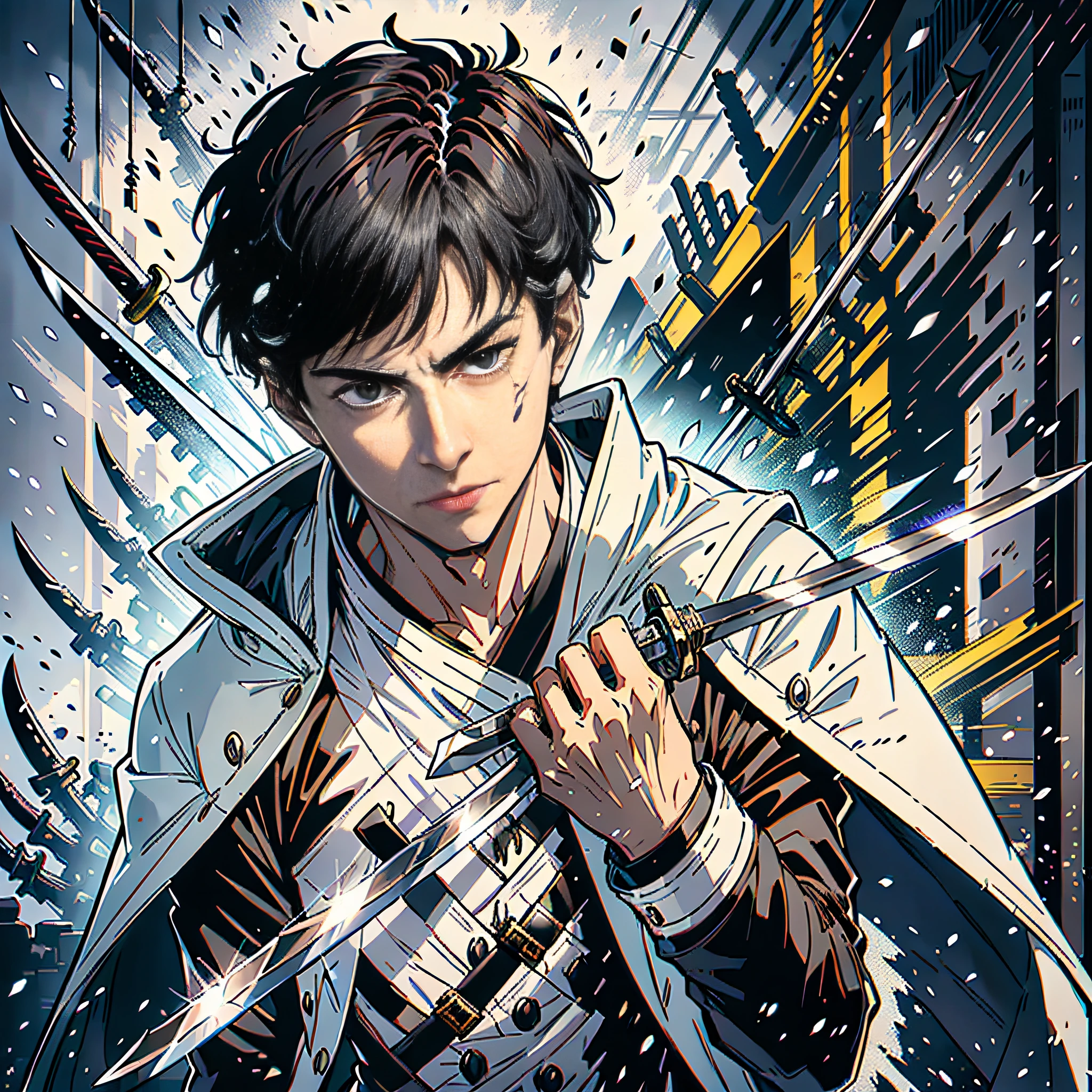 In the weapons room, there are a lot of knives, swords, bows, crossbows, neatly arranged, super detailed, a handsome boy holding a knife, white suit, black eyes, facial hyper-detail, short black hair, facial ultra-detail, highly real, 4K, chiaroscuro, super high detail