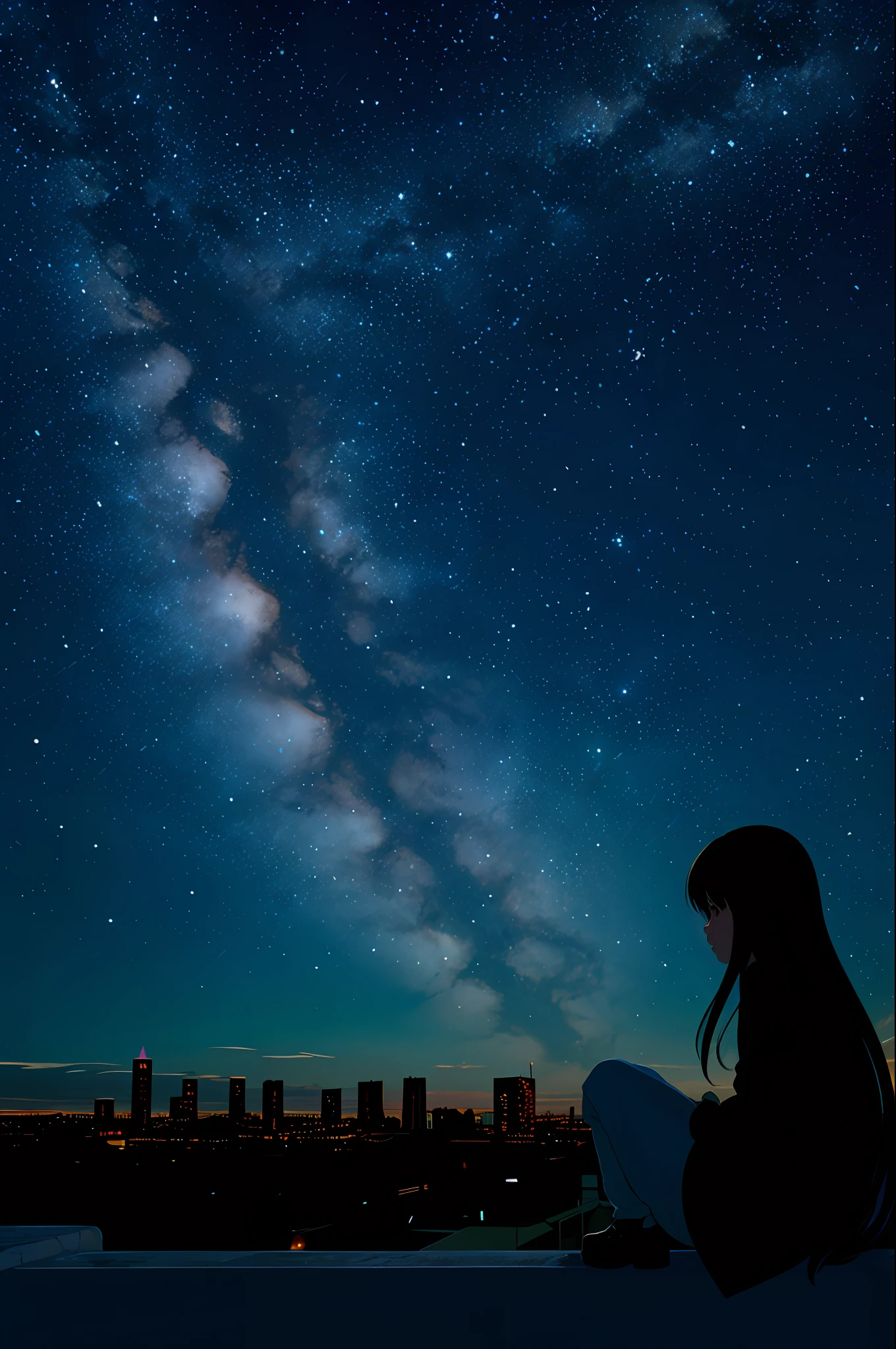 octans, sky, star (sky), scenery, starry sky, night, 1girl, night sky, solo, outdoors, building, cloud, milky way, sitting, tree, long hair, city, silhouette, cityscape