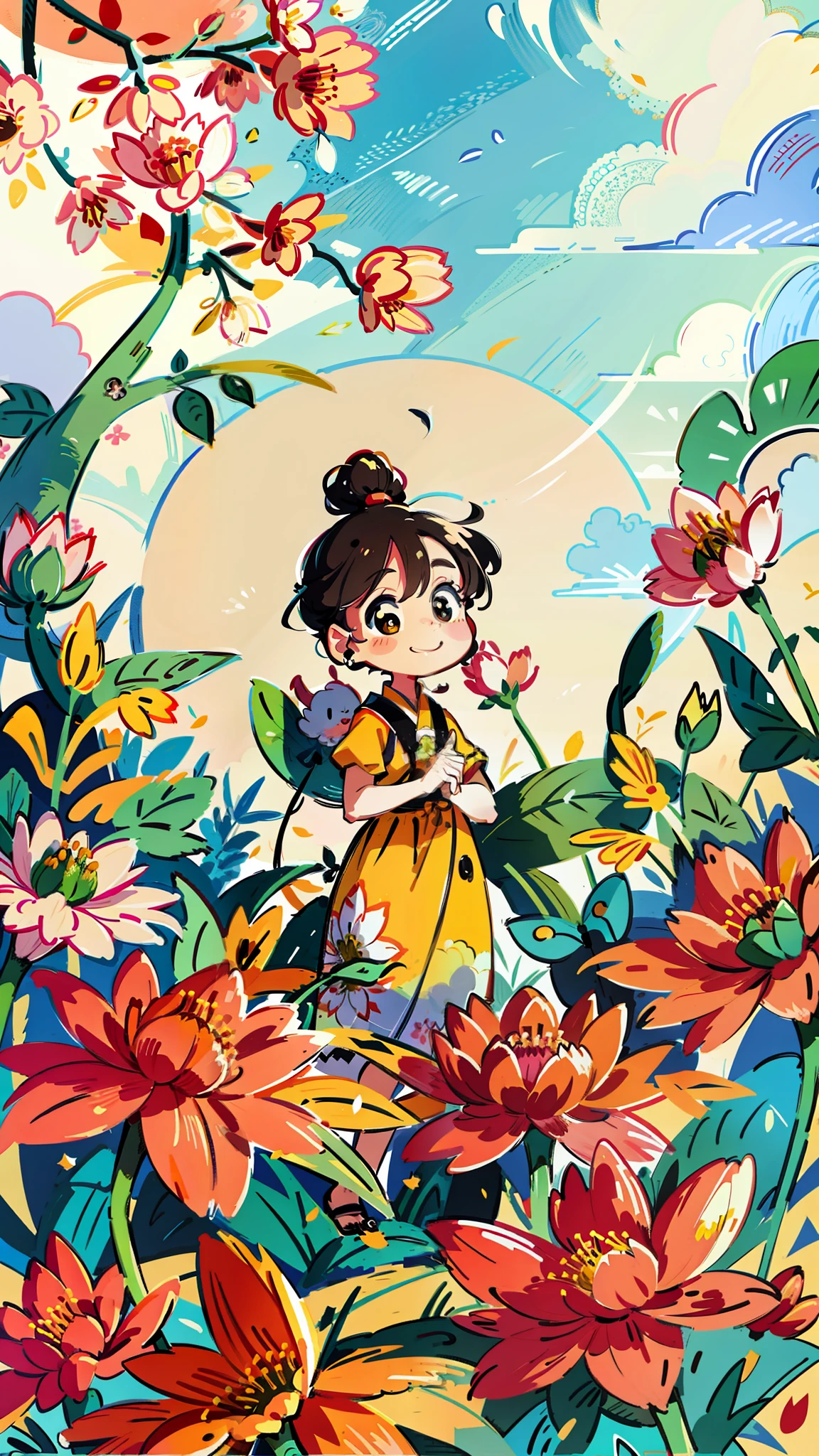 close-up of a cartoon girl, cute girl, girl is very happy, smiling, kawaii, big eyes, spring scene, spring, flowers, meadow, warm sun, delicate face, fairy tale style, beautiful sky, wearing a beautiful dress, super high detail, super high resolution, award-winning work, masterpiece, lo-fi illustration style, flat illustration, cute illustration, yellow pink red flowers around, digital illustration style, fantastic, beautiful artwork illustration, high quality detail art, beautiful scene,, Beautiful artwork illustration, hand drawn cartoon art style, painting illustration, simple and clean illustration, inspired by Ma Yuanyu, Yang J, inspired by Cui Bai, inspired by Puhua
