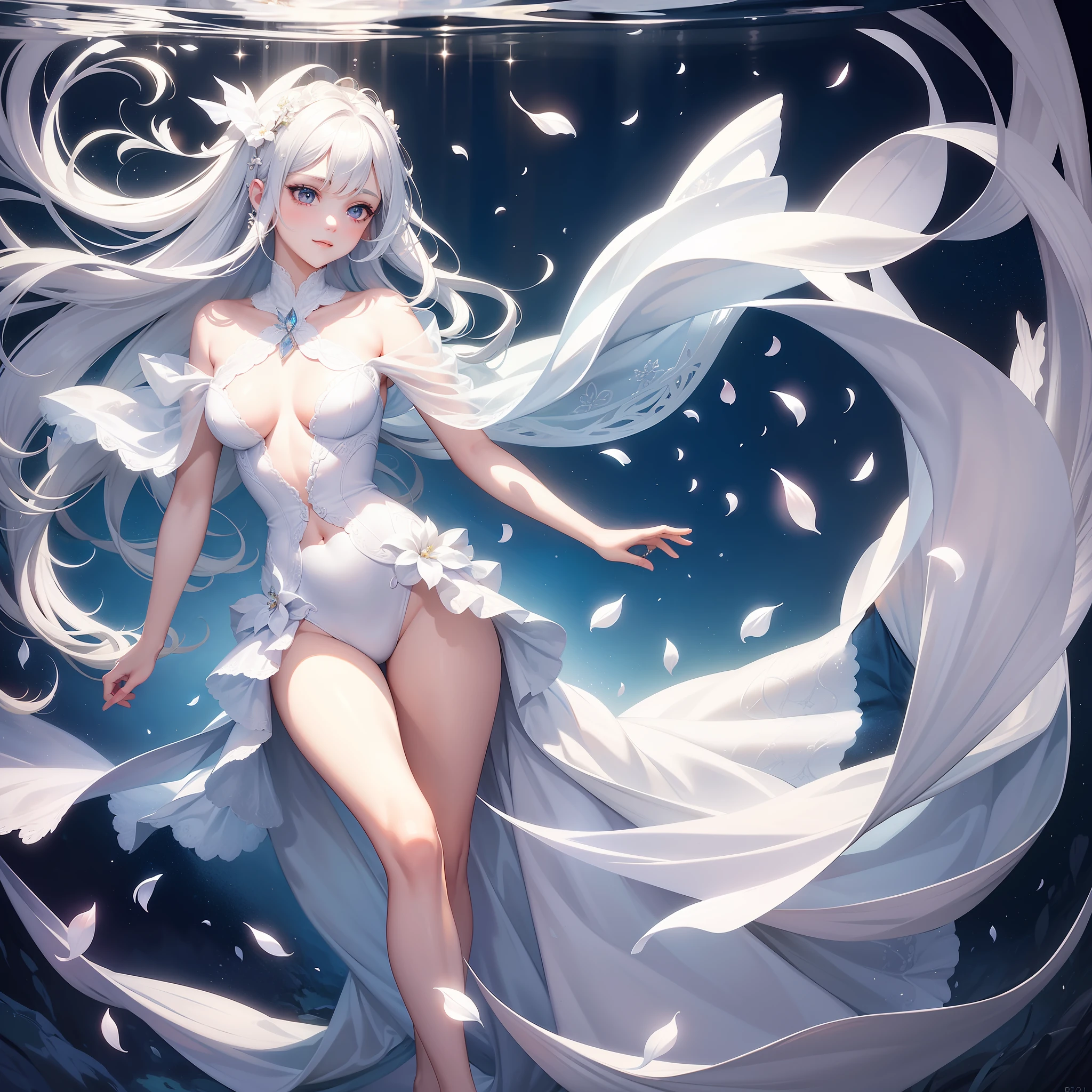 (masterpiece, top quality, highest quality, official art, beauty and aesthetics: 1.2), (full-body, medium) mermaid, dreamy, ethereal, romantic, white hair, silver hair, underwater, air bubbles, lots of bubbles, flipping cloth, eye highlights, beautiful eyes, long lashes, beautiful dance, beautiful woman, beautiful girl, sparkling beautiful scales, Slight smile, petals are fluttering, Vivid and beautiful lighting --v 6