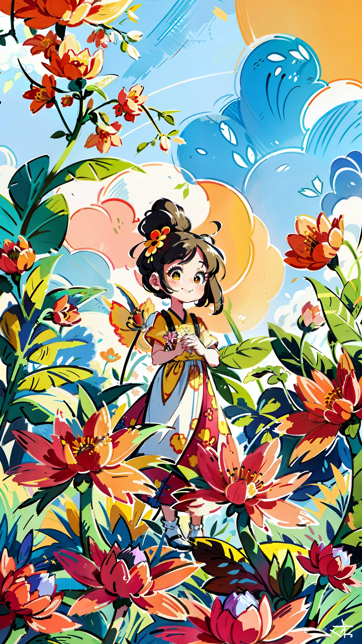 close-up of a cartoon girl, cute girl, girl is very happy, smiling, kawaii, big eyes, spring scene, spring, flowers, meadow, warm sun, delicate face, fairy tale style, beautiful sky, wearing a beautiful dress, super high detail, super high resolution, award-winning work, masterpiece, lo-fi illustration style, flat illustration, cute illustration, yellow pink red flowers around, digital illustration style, fantastic, beautiful artwork illustration, high quality detail art, beautiful scene,, Beautiful artwork illustration, hand drawn cartoon art style, painting illustration, simple and clean illustration, inspired by Ma Yuanyu, Yang J, inspired by Cui Bai, inspired by Puhua