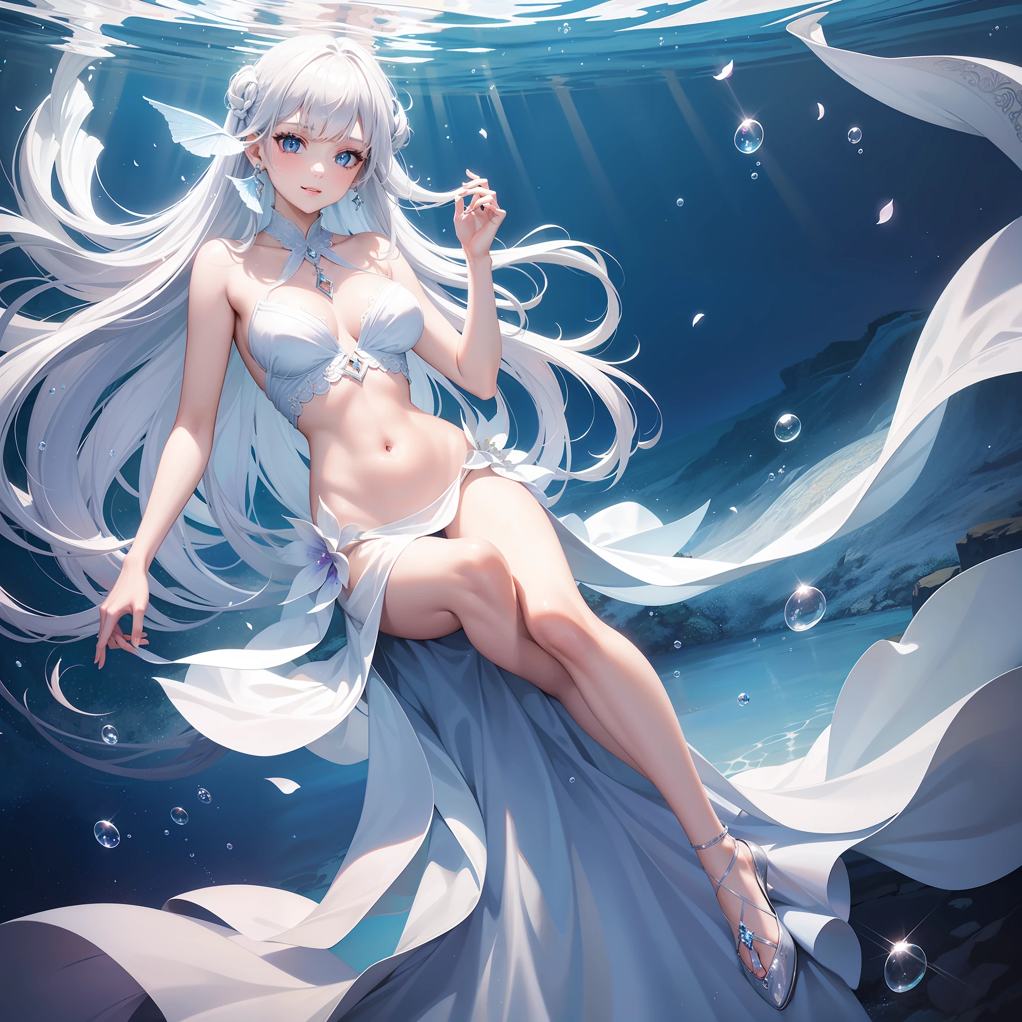 (masterpiece, top quality, highest quality, official art, beauty and aesthetics: 1.2), (full-body, medium) mermaid, dreamy, ethereal, romantic, white hair, silver hair, underwater, air bubbles, lots of bubbles, flipping cloth, eye highlights, beautiful eyes, long lashes, beautiful dance, beautiful woman, beautiful girl, sparkling beautiful scales, Slight smile, petals are fluttering, Vivid and beautiful lighting --v 6