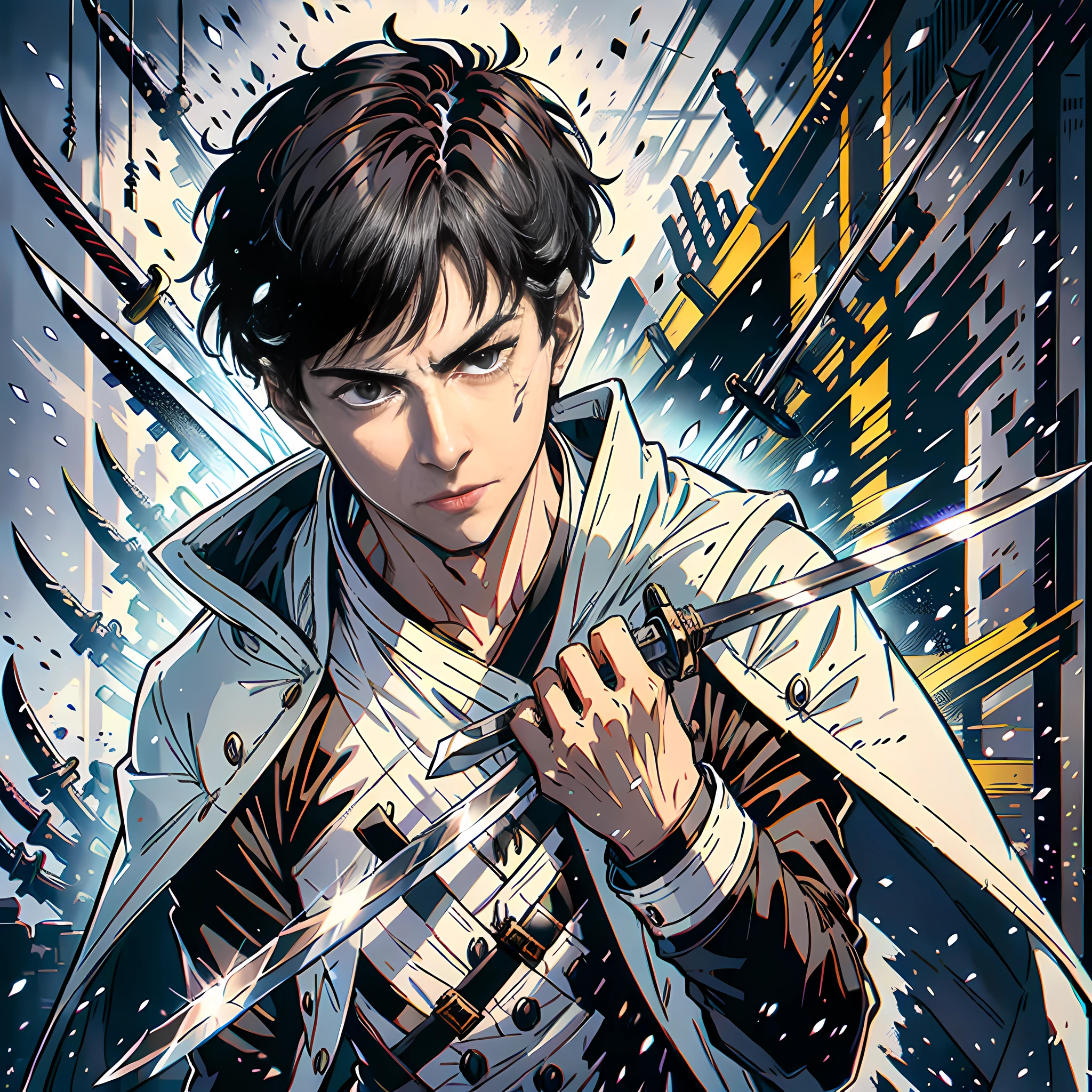 In the weapons room, there are a lot of knives, swords, bows, crossbows, neatly arranged, super detailed, a handsome boy holding a knife, white suit, black eyes, facial hyper-detail, short black hair, facial ultra-detail, highly real, 4K, chiaroscuro, super high detail
