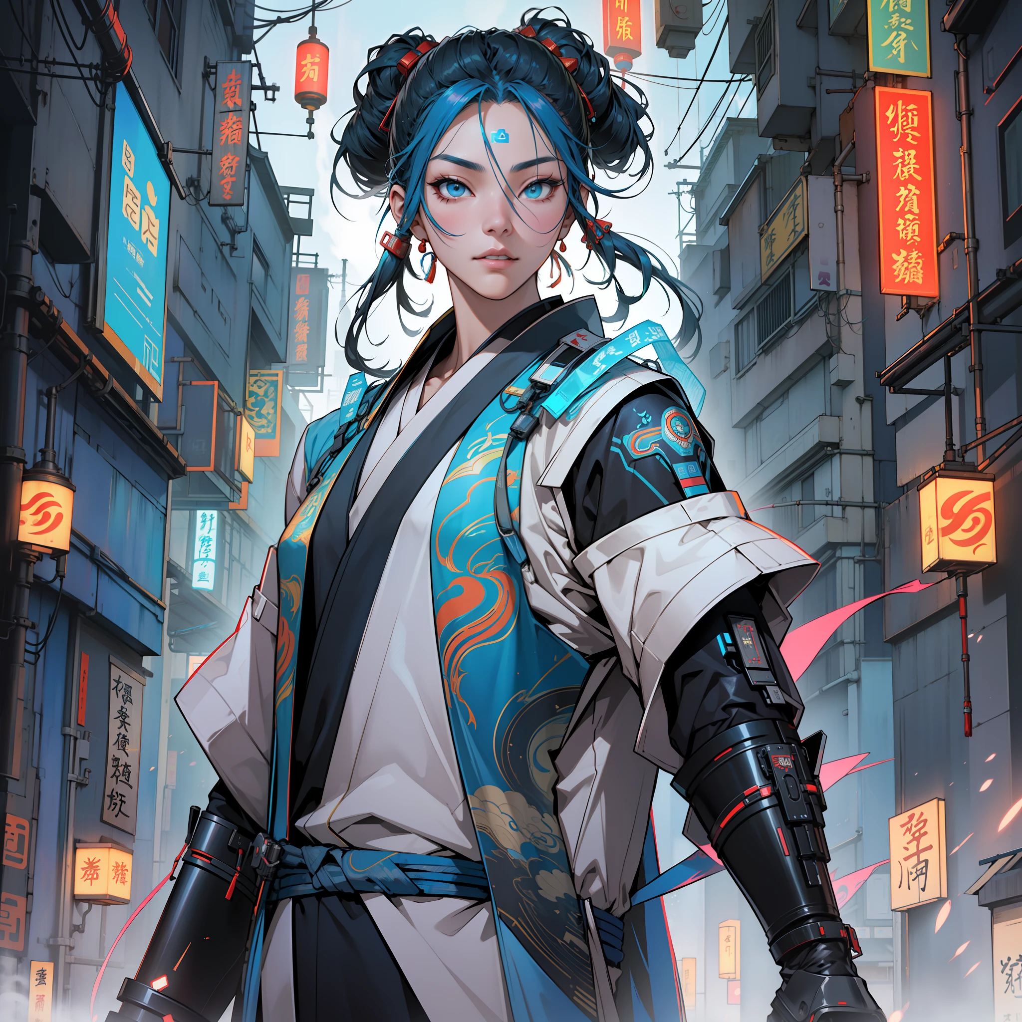 An ancient Chinese girl, full body, cyberpunk, holographic aura, surreal science fiction art, futuristic science fiction aesthetics, Hanfu, machinery, costumes influenced by ancient Chinese opera, amazing facial features, game models, movie edge light, delicate light, masterpiece, super detailed, epic composition, super HD, high quality, highest quality, 32k --niji 5