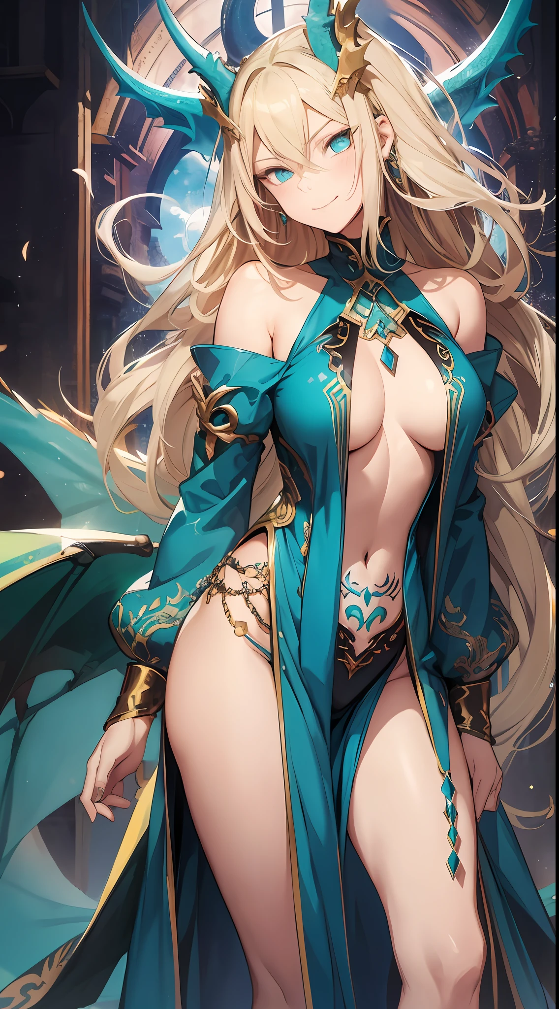 Young girl, long blond hair, turquoise eyes, wide neckline, inner sideboob, tattoo, smirk, combat robe, dragon claws, dragon tail, masterpiece, high quality