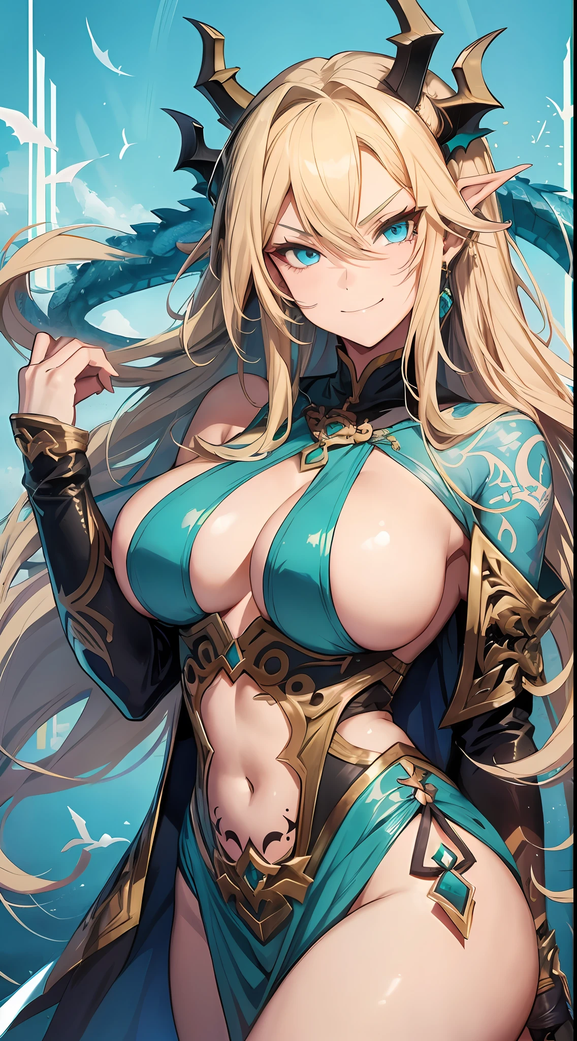 Young girl, long blond hair, turquoise eyes, wide neckline, inner sideboob, tattoo, smirk, combat robe, dragon claws, dragon tail, masterpiece, high quality