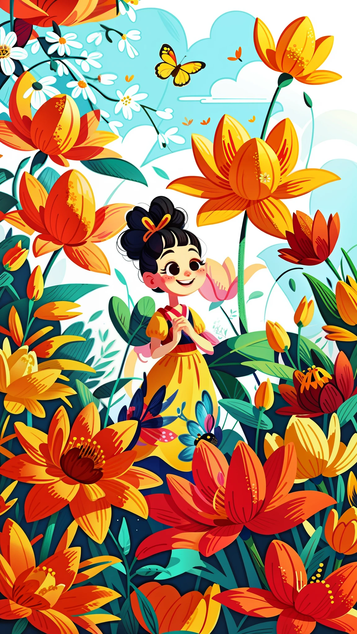 close-up of a cartoon girl, cute girl, girl is very happy, smiling, kawaii, big eyes, spring scene, spring, flowers, meadow, warm sun, delicate face, fairy tale style, beautiful sky, wearing a beautiful dress, super high detail, super high resolution, award-winning work, masterpiece, lo-fi illustration style, flat illustration, cute illustration, yellow pink red flowers around, digital illustration style, fantastic, beautiful artwork illustration, high quality detail art, beautiful scene,, Beautiful artwork illustration, hand drawn cartoon art style, painting illustration, simple and clean illustration, inspired by Ma Yuanyu, Yang J, inspired by Cui Bai, inspired by Puhua