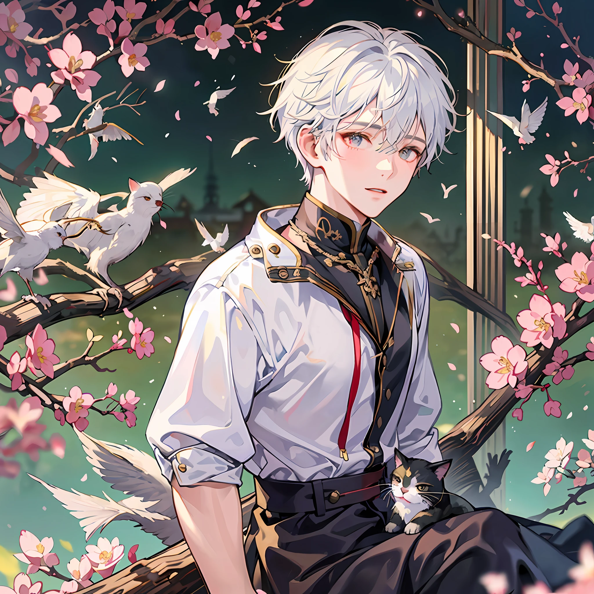 Cherry blossoms, spring, blindfolded, sunny, big scene, boys, boys, boys, thin skin, birds, fish, cats, white hair, golden eyes, short hair 4k, masterpiece, ultimate picture quality