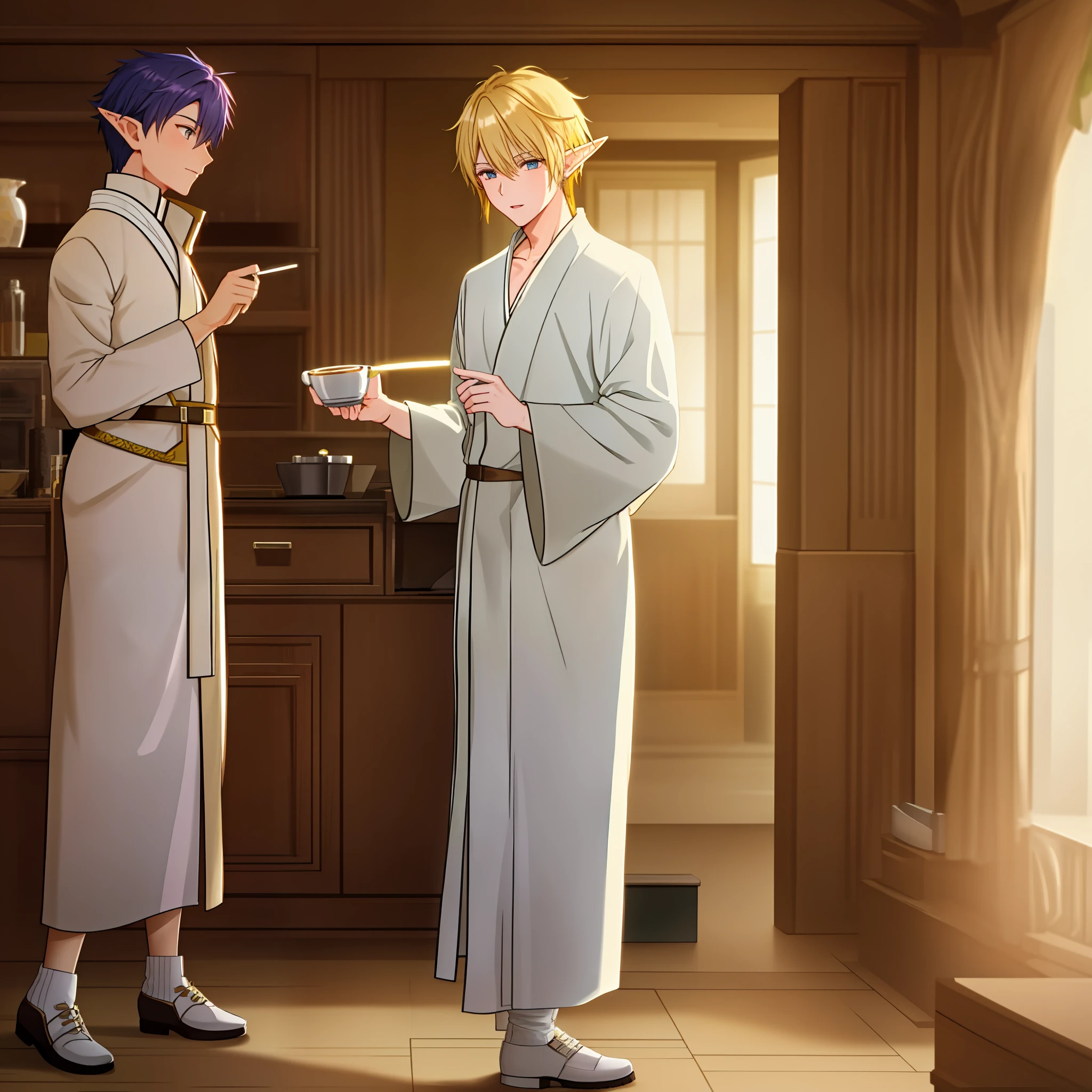 A male elf with sharp eyes hidden behind his thinner body, pale yellow hair, and a light brown robe