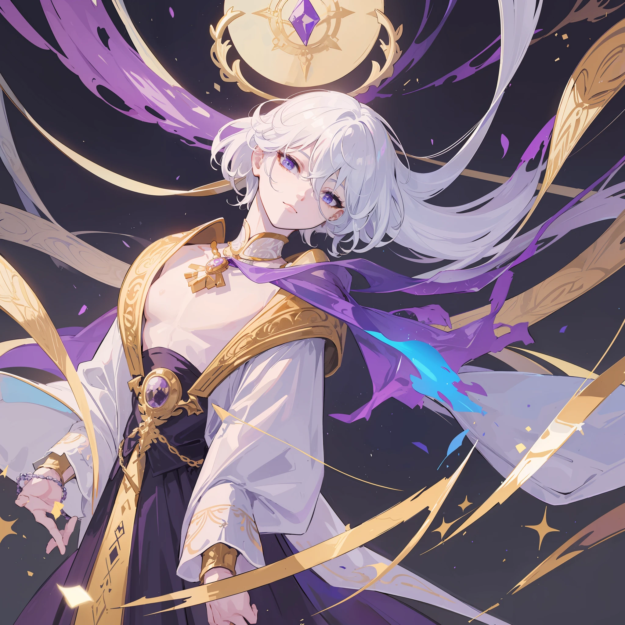 An emperor stands upon a magnificent throne, facing a crowd of loyal followers. His hair short and sleek, is a striking shade of white that contrasts with his pale complexion. The modern style of his hair, with intersecting strands gracefully positioned atop his head, adds a futuristic touch to his appearance.
The emperor's eyes radiate a mesmerizing shade of purple, akin to shimmering amethysts in the darkness of night. They serve as mirrors of immeasurable wisdom and power. With each gaze, he has the ability to deceive or inspire anyone who stands before him.
His attire befits his regal status, crafted from luxurious fabrics in vibrant hues. His flowing robe cascades down to the floor, made of soft white silk and adorned with intricate golden threads. On his chest, a symbol of the empire is embroidered with sparkling gemstones. Along his arms, golden bracelets encircle, signifying his unassailable authority.
The emperor embodies opulence and grandeur. With his modern white hair and captivating purple eyes, he effortlessly blends ancient imperial traditions with surprising contemporary touches. Every movement he makes exudes grace and steadfastness, emanating an astonishing power that invites awe and admiration from all who behold him. Short hair