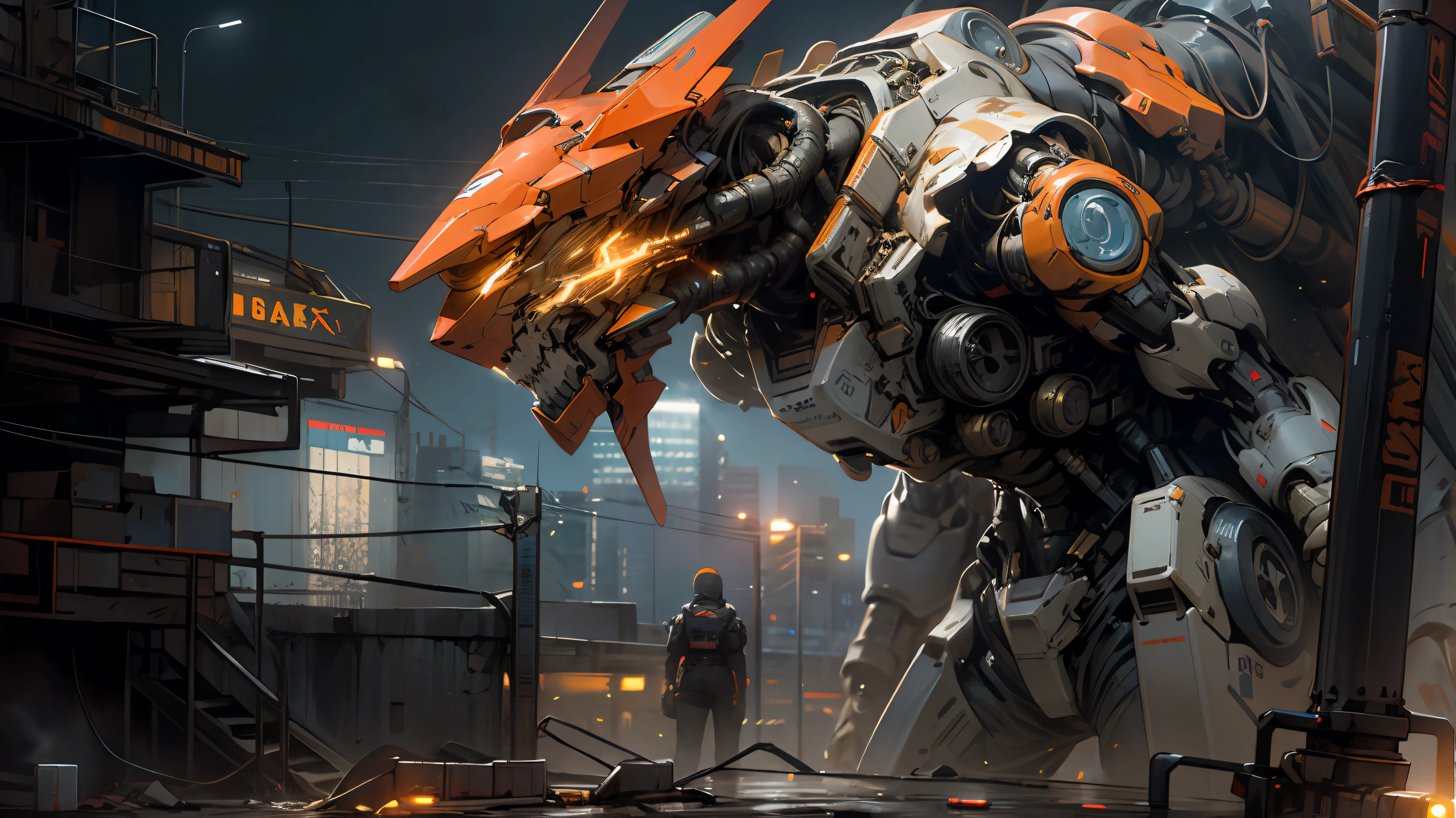 On the moon,barren planets, ruins, holding_weapon, no_humans, glowing, robot, building, glowing_eyes,orange mecha, science_fiction, city, realistic,mecha,Milky Way Galaxy background,neon,cyberpunk,