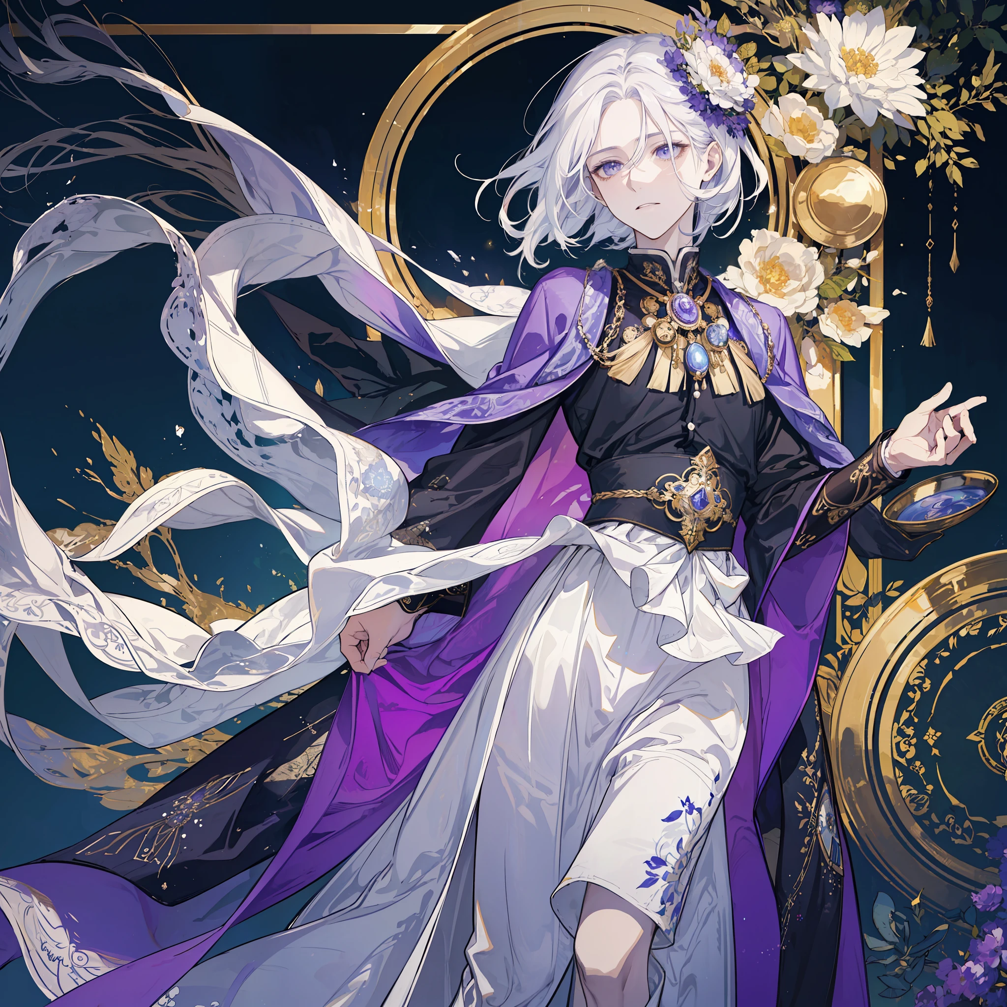 An emperor stands upon a magnificent throne, facing a crowd of loyal followers. His hair, short and sleek, is a striking shade of white that contrasts with his pale complexion. The modern style of his hair, with intersecting strands gracefully positioned atop his head, adds a futuristic touch to his appearance.
The emperor's eyes radiate a mesmerizing shade of purple, akin to shimmering amethysts in the darkness of night. They serve as mirrors of immeasurable wisdom and power. With each gaze, he has the ability to deceive or inspire anyone who stands before him.
His attire befits his regal status, crafted from luxurious fabrics in vibrant hues. His flowing robe cascades down to the floor, made of soft white silk and adorned with intricate golden threads. On his chest, a symbol of the empire is embroidered with sparkling gemstones. Along his arms, golden bracelets encircle, signifying his unassailable authority.
The emperor embodies opulence and grandeur. With his modern white hair and captivating purple eyes, he effortlessly blends ancient imperial traditions with surprising contemporary touches. Every movement he makes exudes grace and steadfastness, emanating an astonishing power that invites awe and admiration from all who behold him.
