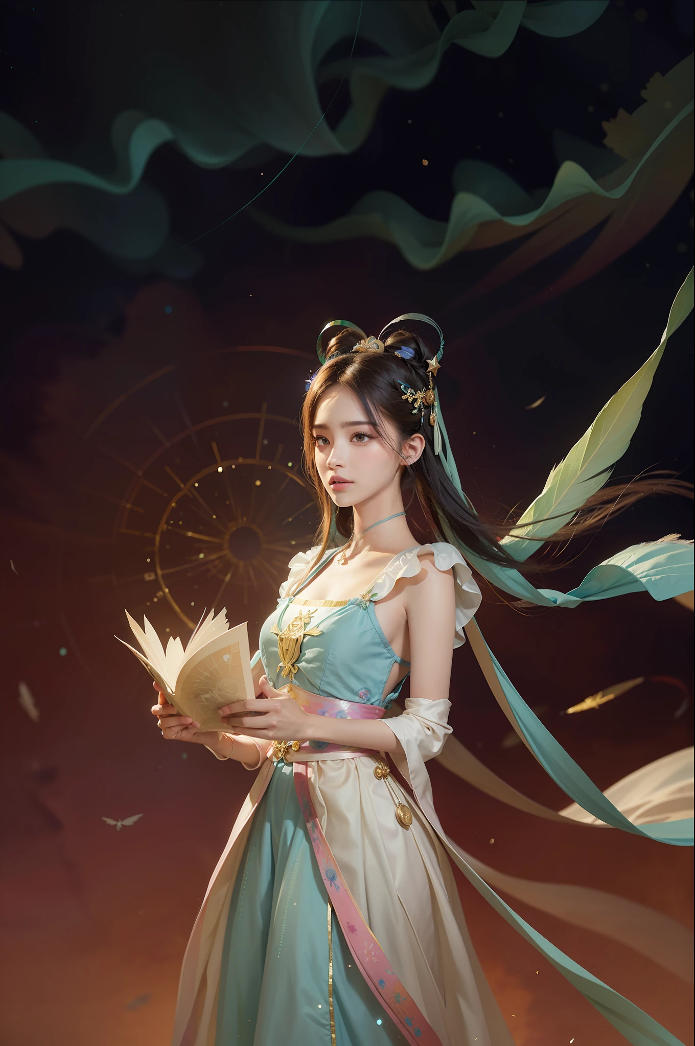 (Masterpiece, top quality, best quality, extreme detail, highest detail, official art, Beauty and Aesthetics: 1.2), Colorful, Denim Shot, Upper Body Shot, Beautiful Face, Solo, Perfect Body, On the Sky Clouds, Fairy, Flowing Streamers, Sun Rays, Clouds, Full Body, Hanfu, Chinese Clothes, White Dress, Water, Fireflies, Night, Starry Sky, Jewelry, Feathers on Dresses, Peacock Feathers, Light Particles, Volumetric Lighting, Ray Tracing (Flowing Streamers: 1.1), (Fantasy: 1.2), Illuminator, Stars, Fantasy, High Contrast, Ink Strokes, Overexposure, Purple and Red Tone Impressions, Abstract, ((Watercolor by John Berkey and Jeremy Man)) Brush Strokes,
