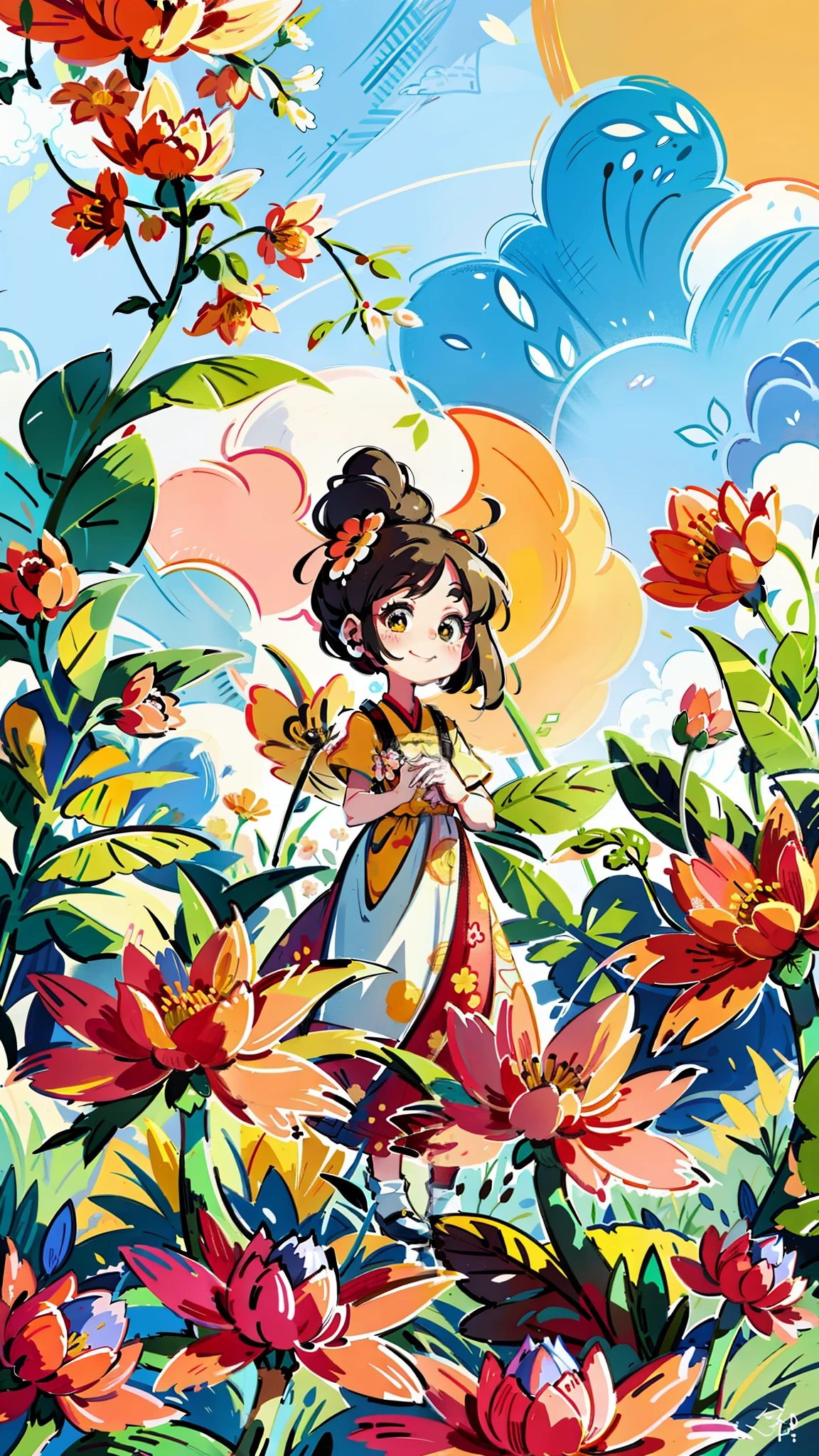 close-up of a cartoon girl, cute girl, girl is very happy, smiling, kawaii, big eyes, spring scene, spring, flowers, meadow, warm sun, delicate face, fairy tale style, beautiful sky, wearing a beautiful dress, super high detail, super high resolution, award-winning work, masterpiece, lo-fi illustration style, flat illustration, cute illustration, yellow pink red flowers around, digital illustration style, fantastic, beautiful artwork illustration, high quality detail art, beautiful scene,, Beautiful artwork illustration, hand drawn cartoon art style, painting illustration, simple and clean illustration, inspired by Ma Yuanyu, Yang J, inspired by Cui Bai, inspired by Puhua