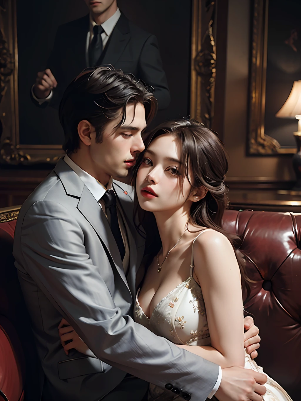 Top quality, masterpiece, ultra high resolution, (photorealistic: 1.4), (1 male, 1 female: 1.2), raw photos, dark cabaret club interior, (man and woman sitting on a high-class sofa enjoying excessive skinship: 2), (staring at each other: 1.5), , men and women in their 20s, hugs, kisses, (women are wearing luxurious and sexy party dresses, men are in formal suits :1.2), perfect face, perfect body, perfect clothes, perfect anatomy, movie lighting, romantic indirect lighting, detailed and delicate drawing, gaze does not look at the front