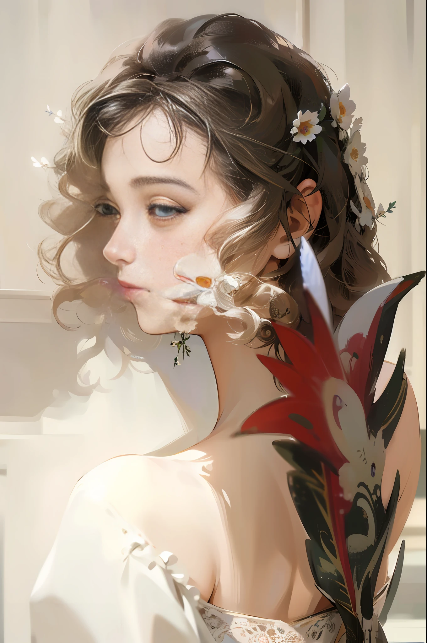 Best Quality, Intricate Detail, Highest Quality, Extremely Detailed, High Resolution, High Resolution, 4K, Ultra High Resolution, Detailed Shadows, Ultra Realistic, Realistic, 1 Girl, Detailed Face, Detailed Eyes, Realistic Skin, Two-dimensional, Anime, Indoor, Small Curls, Left Face, Flower, Bottom Left Light and Shadow, Open Back, Back Flowers
