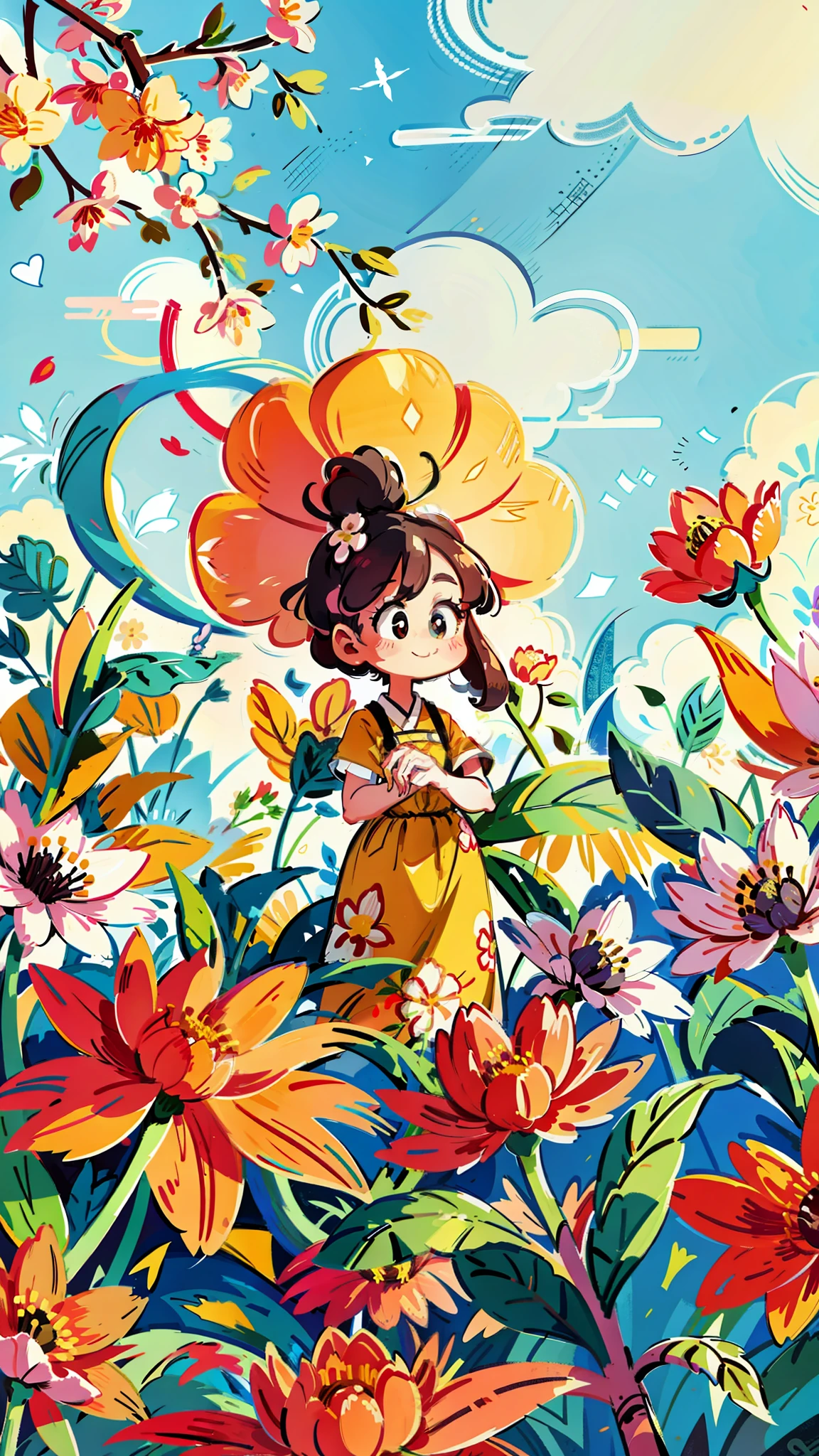close-up of a cartoon girl, cute girl, girl is very happy, smiling, kawaii, big eyes, spring scene, spring, flowers, meadow, warm sun, delicate face, fairy tale style, beautiful sky, wearing a beautiful dress, super high detail, super high resolution, award-winning work, masterpiece, lo-fi illustration style, flat illustration, cute illustration, yellow pink red flowers around, digital illustration style, fantastic, beautiful artwork illustration, high quality detail art, beautiful scene,, Beautiful artwork illustration, hand drawn cartoon art style, painting illustration, simple and clean illustration, inspired by Ma Yuanyu, Yang J, inspired by Cui Bai, inspired by Puhua