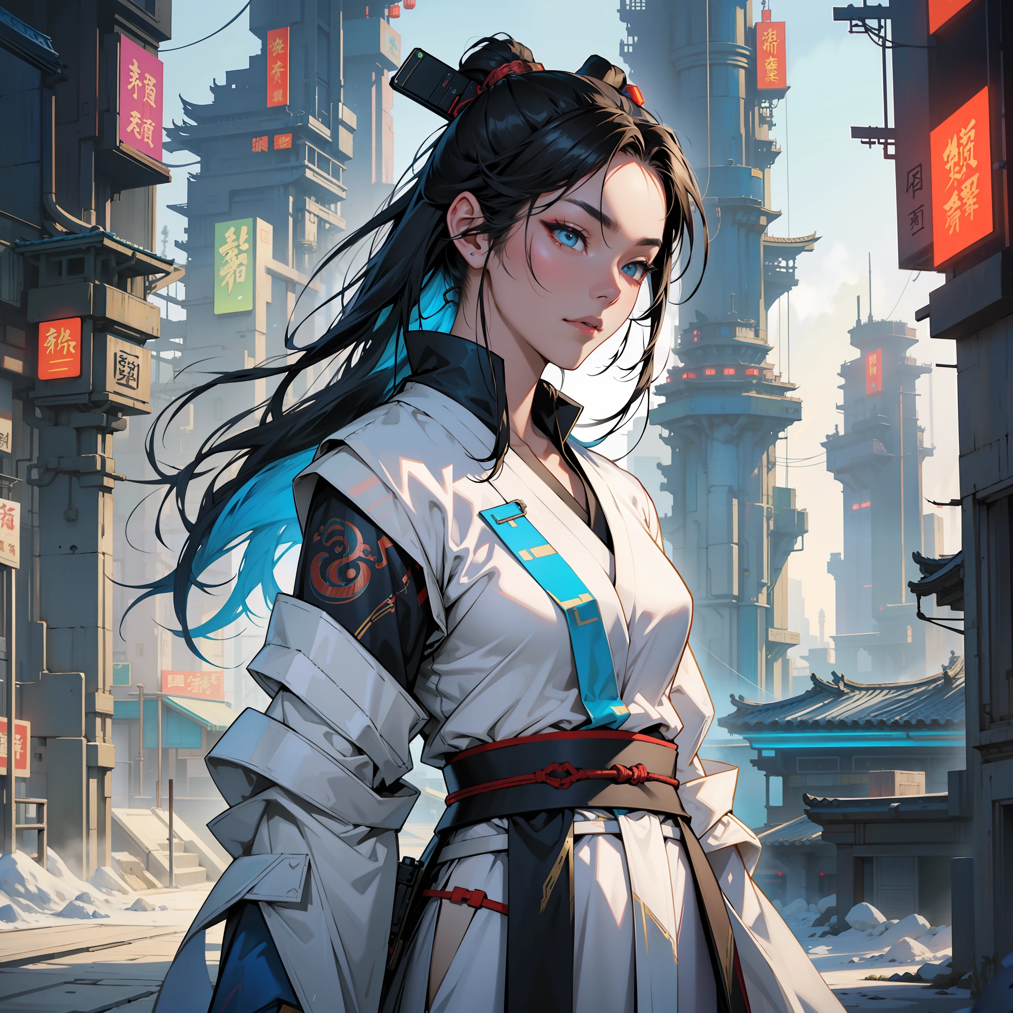 An ancient Chinese girl, full body, amazing facial features, cyberpunk, holographic aura, surreal science fiction art, futuristic science fiction aesthetics, Hanfu, machinery, costumes influenced by ancient Chinese opera, complex design, game model, movie edge light, delicate light, masterpiece, super detailed, epic composition, super HD, high quality, highest quality, 32k --niji 5