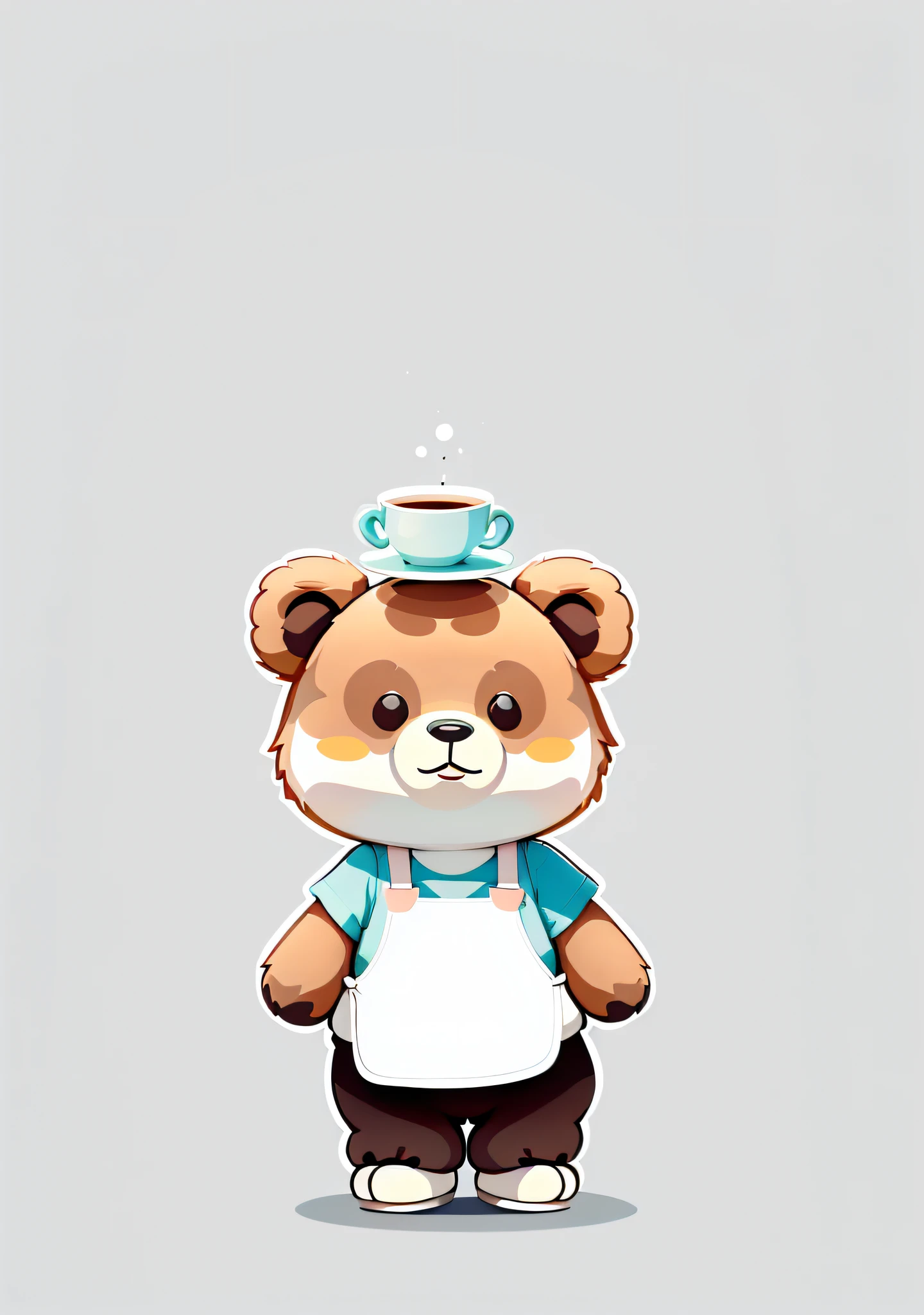 A cute cartoon bear, its clothes are white, it is tied with an apron, a cup of coffee over its head, simple line art, animal crossing characters, simple line art, silhouette sketch, strong line art, line art, silhouette art, cute characters