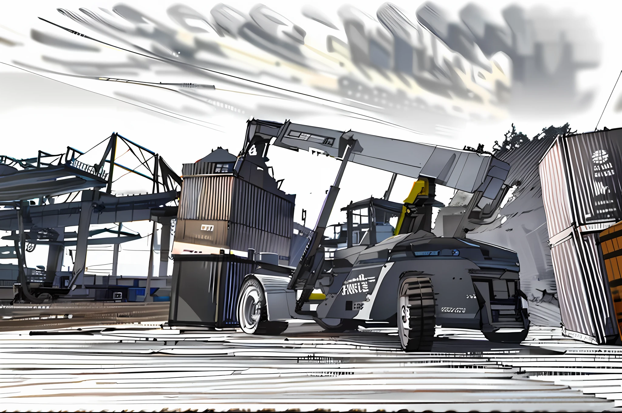 linear, gray, white background, simple background, sketch, sketch, pen_sketch_style, there is a forklift that lifts the container, the photo is taken in 2 0 2 0, loading in high quality, yard, the photo is taken from afar, it is a very large, industrial photo