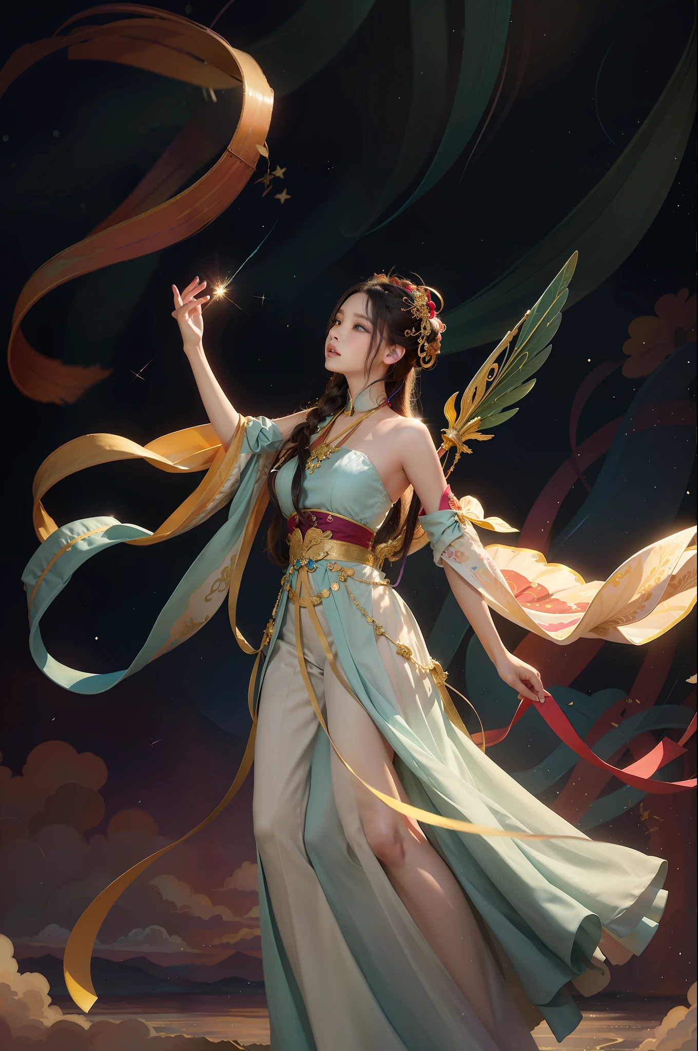 (Masterpiece, top quality, best quality, extreme detail, highest detail, official art, Beauty and Aesthetics: 1.2), Colorful, Denim Shot, Upper Body Shot, Beautiful Face, Solo, Perfect Body, On the Sky Clouds, Fairy, Flowing Streamers, Sun Rays, Clouds, Full Body, Hanfu, Chinese Clothes, White Dress, Water, Fireflies, Night, Starry Sky, Jewelry, Feathers on Dresses, Peacock Feathers, Light Particles, Volumetric Lighting, Ray Tracing (Flowing Streamers: 1.1), (Fantasy: 1.2), Illuminator, Stars, Fantasy, High Contrast, Ink Strokes, Overexposure, Purple and Red Tone Impressions, Abstract, ((Watercolor by John Berkey and Jeremy Man)) Brush Strokes,