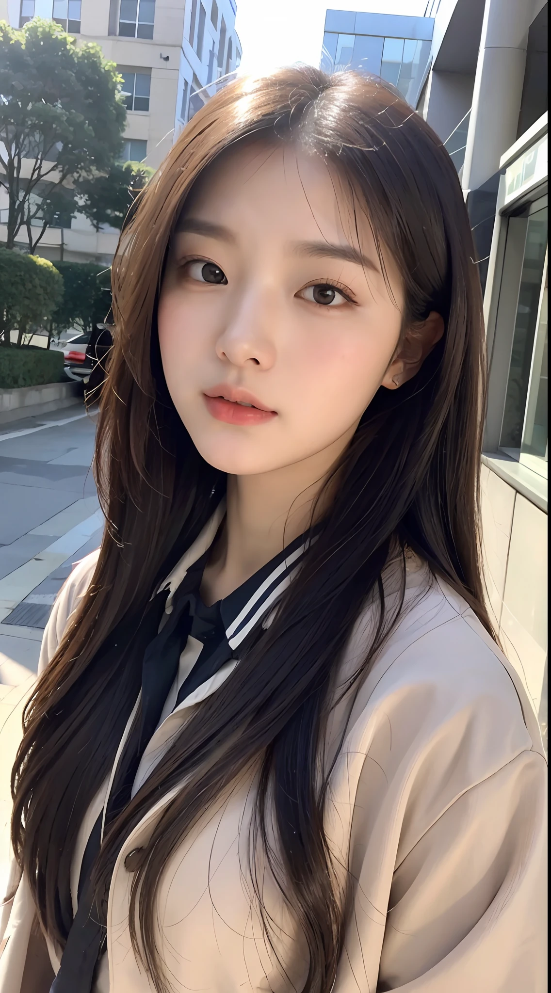 (1 cute Korean star), ((best quality, 8k, masterpiece: 1.3)), focus: 1.2, perfect body beauty: 1.4 , ((air bangs: 1.2)), (night, Street: 1.3), highly detailed face and skin texture, fine eyes, double eyelids, whitened skin, (long hair: 1.3), (round face: 1.5), (uniform: 1.6)