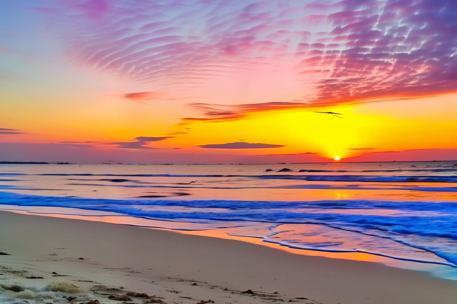 An absolutely mesmerizing sunset on the beach with a mix of orange, pink and yellow in the sky. The water is crystal clear, gently kissing the shore, and the white sand beach stretches as far as the eye can see. The scene is dynamic and breathtaking, with seagulls soaring high in the sky and palm trees gently swaying. Soak up the calming atmosphere and let tranquility envelop you. Dynamic graph