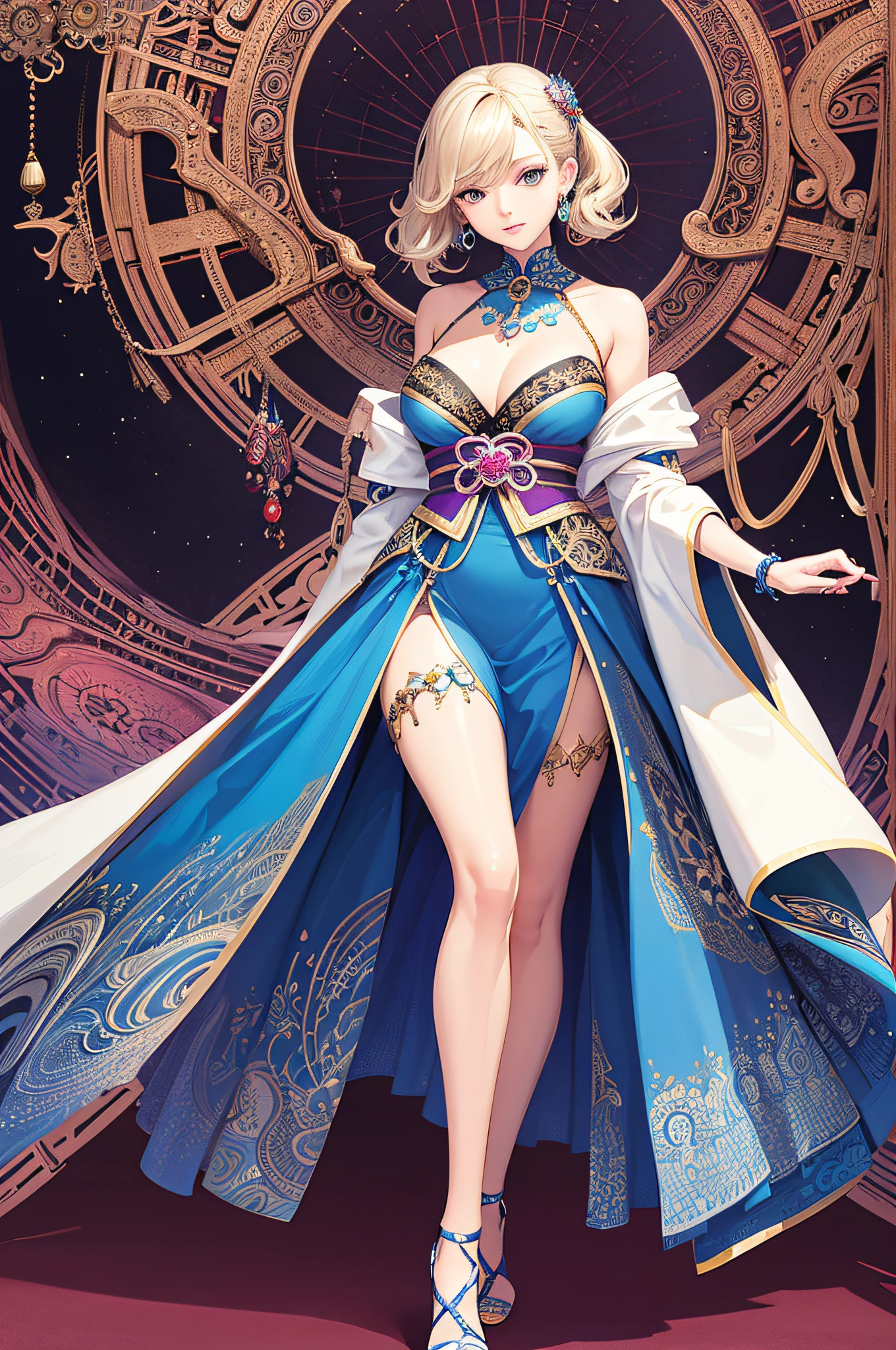 (Masterpiece, Top Quality, Best Quality, Official Art, Beauty and Aesthetics: 1.2), (1girl: 1.3), Very Detailed, (Fractal Art: 1.1), (Color: 1.1), Most Detailed, (Zentangle: 1.2), (Dynamic Pose), (Abstract Background: 1.5), (Japanese Dress: 1.2), (Shiny Skin), (Multiple Colors: 1.4), (Earrings: 1.4), Elegant High Heels