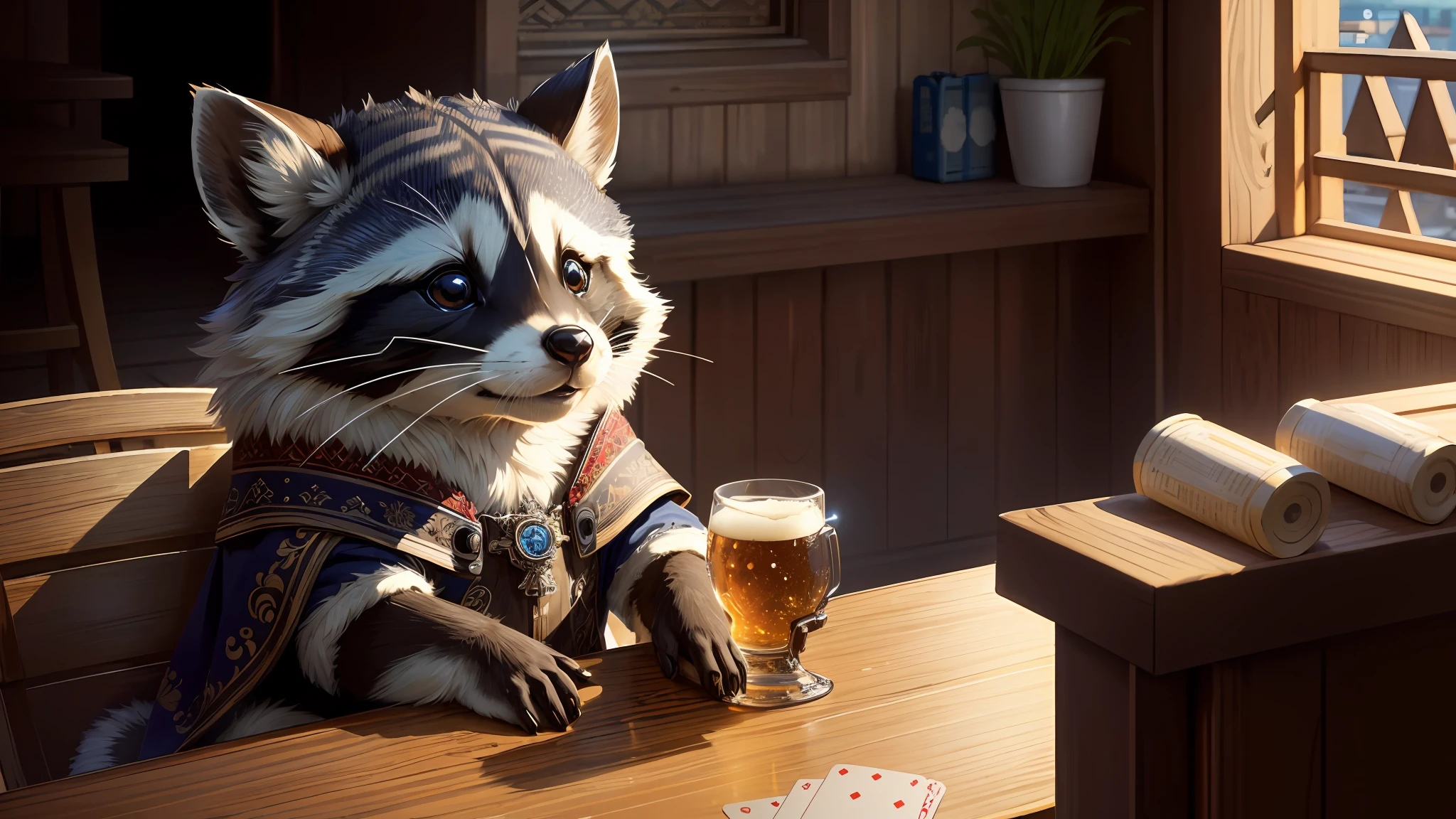 ((best quality)), ((masterpiece)), (detailed), beautiful face,
intricate detailing, (extremely high details:1.3), (8k resolution:1.2),
beautiful artwork illustration, (8k resolution:1.2),
a lonely and sad raccoon sits at a table with a glass of beer and a bottle of whiskey and plays cards