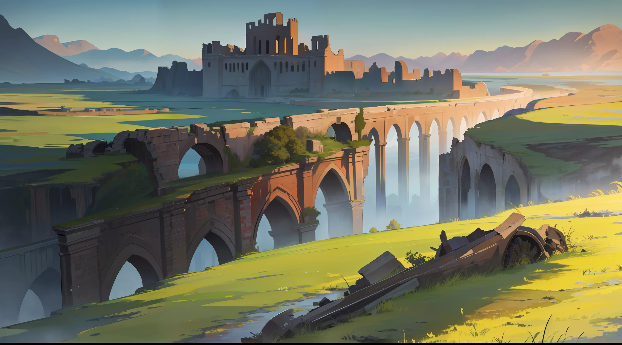 "A breathtaking (masterpiece) depicting a stunning (landscape) of a (river) with a magnificent view of (ruins) and a vast expanse of (grass), all set against the backdrop of a (war) ravaged land shrouded in a (night)time veil. Its (best quality) and breathtaking art style will leave you spellbound!", UHD, super detail, high details, highres, best quality