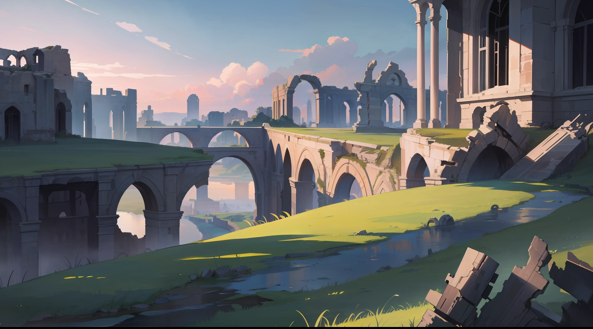 "A breathtaking (masterpiece) depicting a stunning (landscape) of a (river) with a magnificent view of (ruins) and a vast expanse of (grass), all set against the backdrop of a (war) ravaged land shrouded in a (night)time veil. Its (best quality) and breathtaking art style will leave you spellbound!", UHD, super detail, high details, highres, best quality