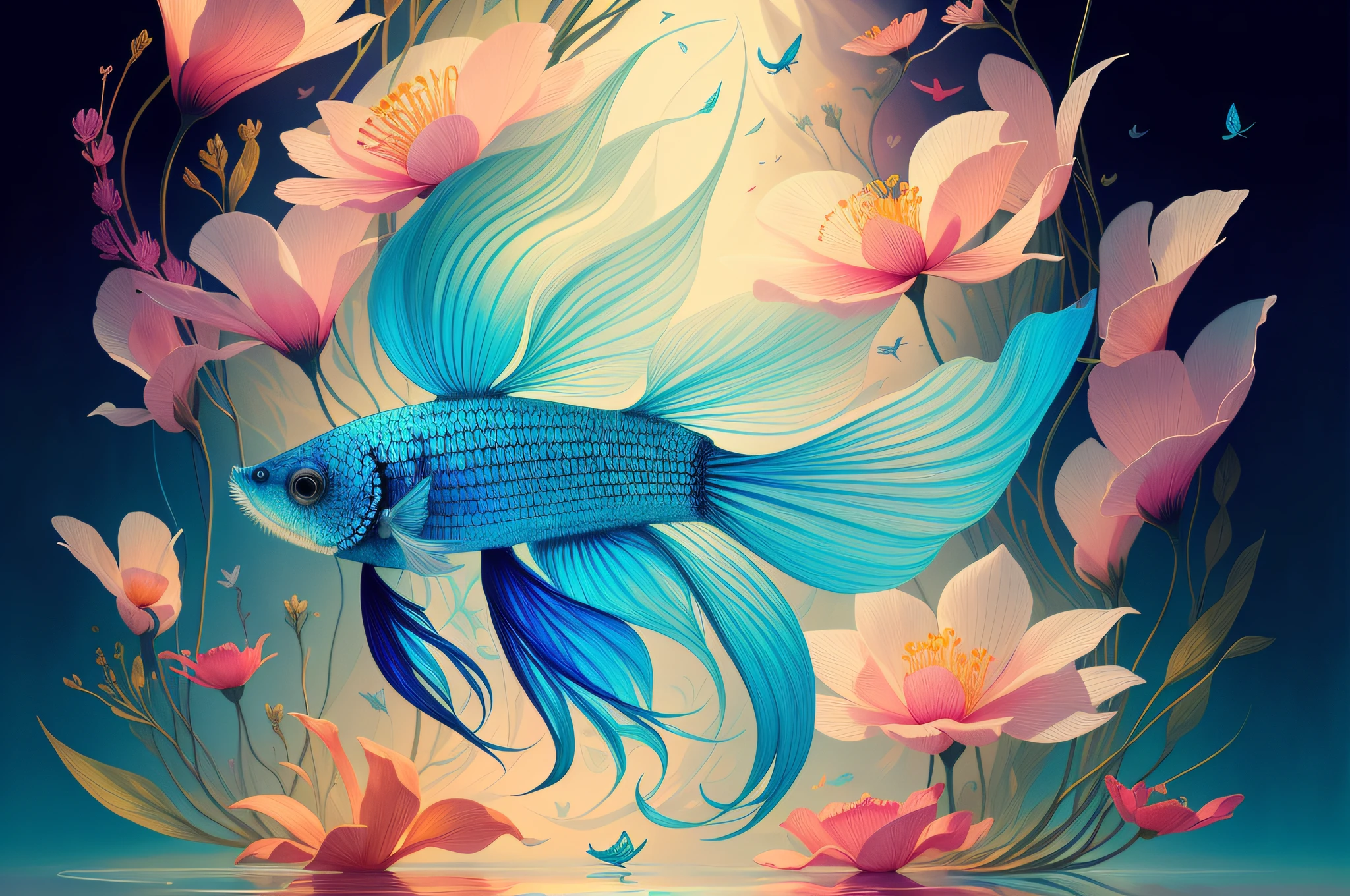 (Illustration:1.3) beautiful betta fish swimming with flowers (by Artist Anna Dittman:1), (((masterpiece))), (((best quality))), ((ultra-detailed)),(detailed light),((an extremely delicate and beautiful)),