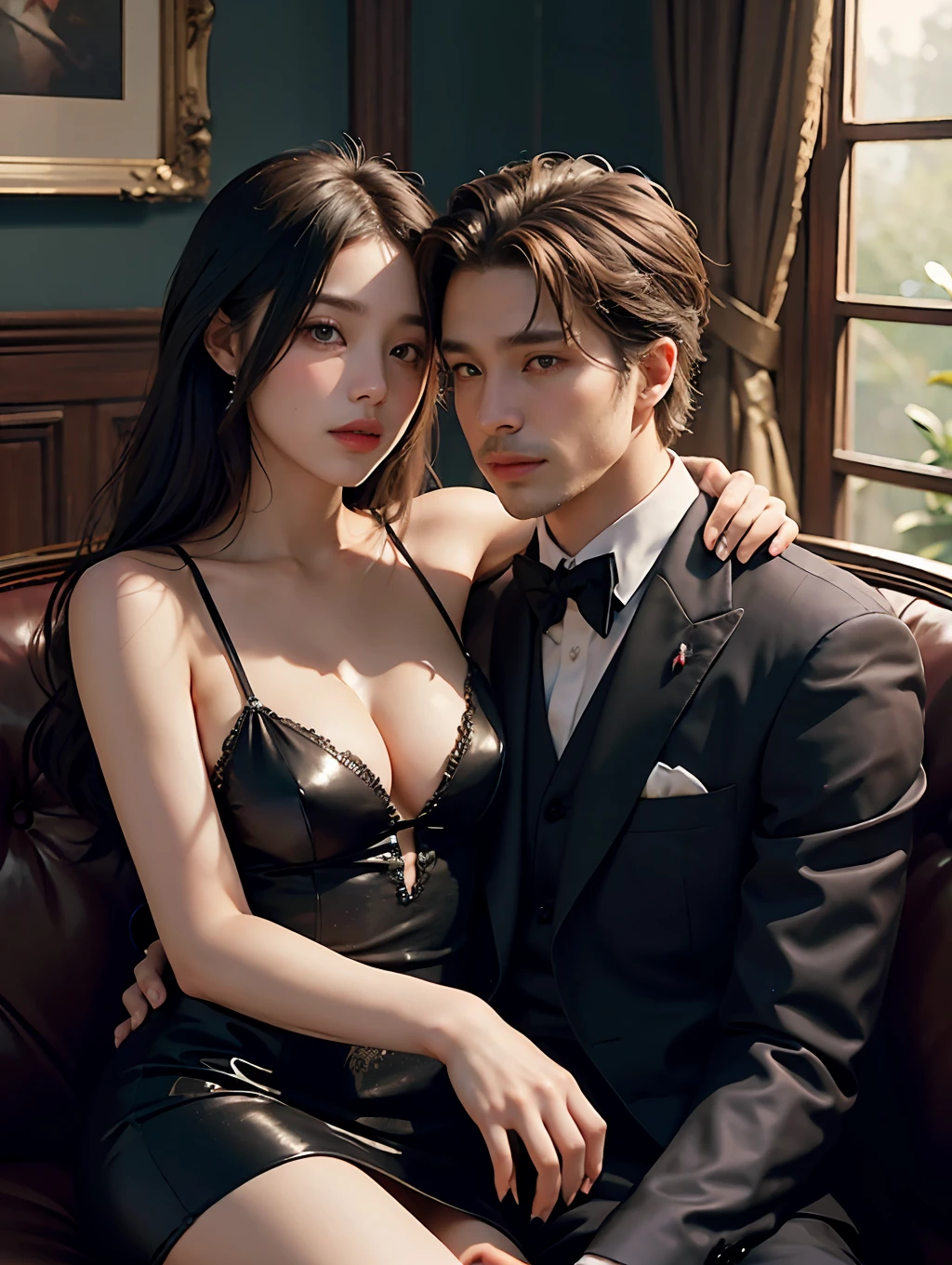 Top quality, masterpiece, ultra high resolution, (photorealistic: 1.4), (1 male, 1 female: 1.2), raw photos, dark cabaret club interior, (man and woman sitting on a high-class sofa enjoying excessive skinship: 2), (staring at each other: 1.5), , men and women in their 20s, hugs, kisses, (women are wearing luxurious and sexy party dresses, men are in formal suits :1.2), perfect face, perfect body, perfect clothes, perfect anatomy, movie lighting, romantic indirect lighting, detailed and delicate drawing, gaze does not look at the front